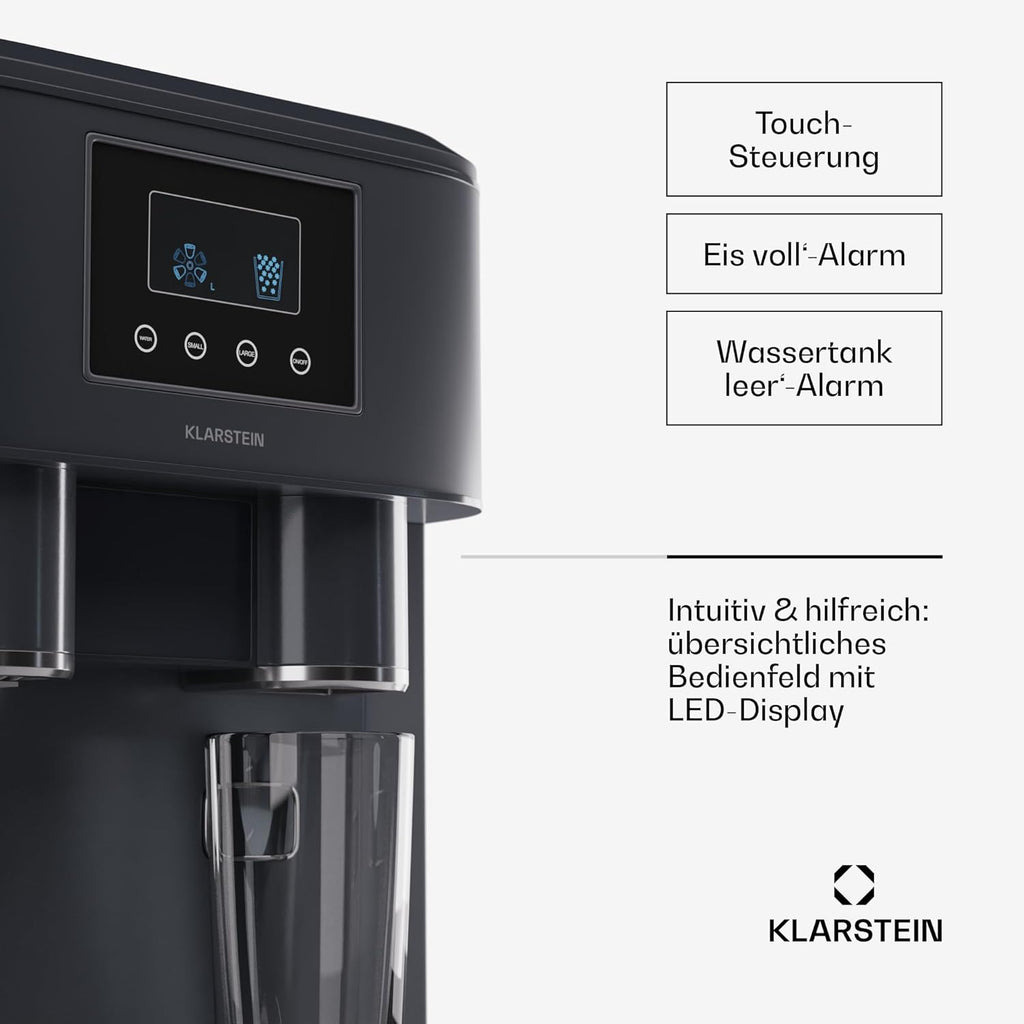 Klarstein Eiswürfelmaschine für Zuhause Camping Gastro, Schnelle Mini-Eiswürfelmaschine Klein, Profi Eismaschine für Crushed Eis, Große  und  Kleine Eiswürfel, 1,8L Wassertank, 15kg Eis in 24h