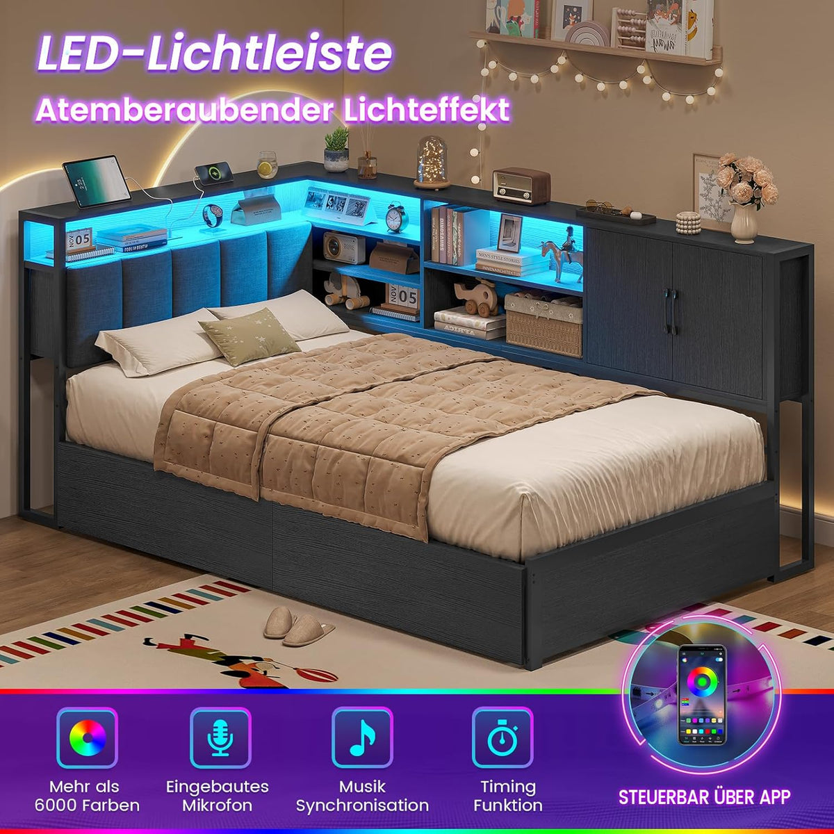 Polsterbett Schlafsofa 90x200 mit LED-Beleuchtung, Ladestation, Tagesbett, Jugendbett mit 2 Schubladen und Lattenrost aus Metall, Kopfteil mit Stauraum, Offene Regale, Schrank, Schwarz