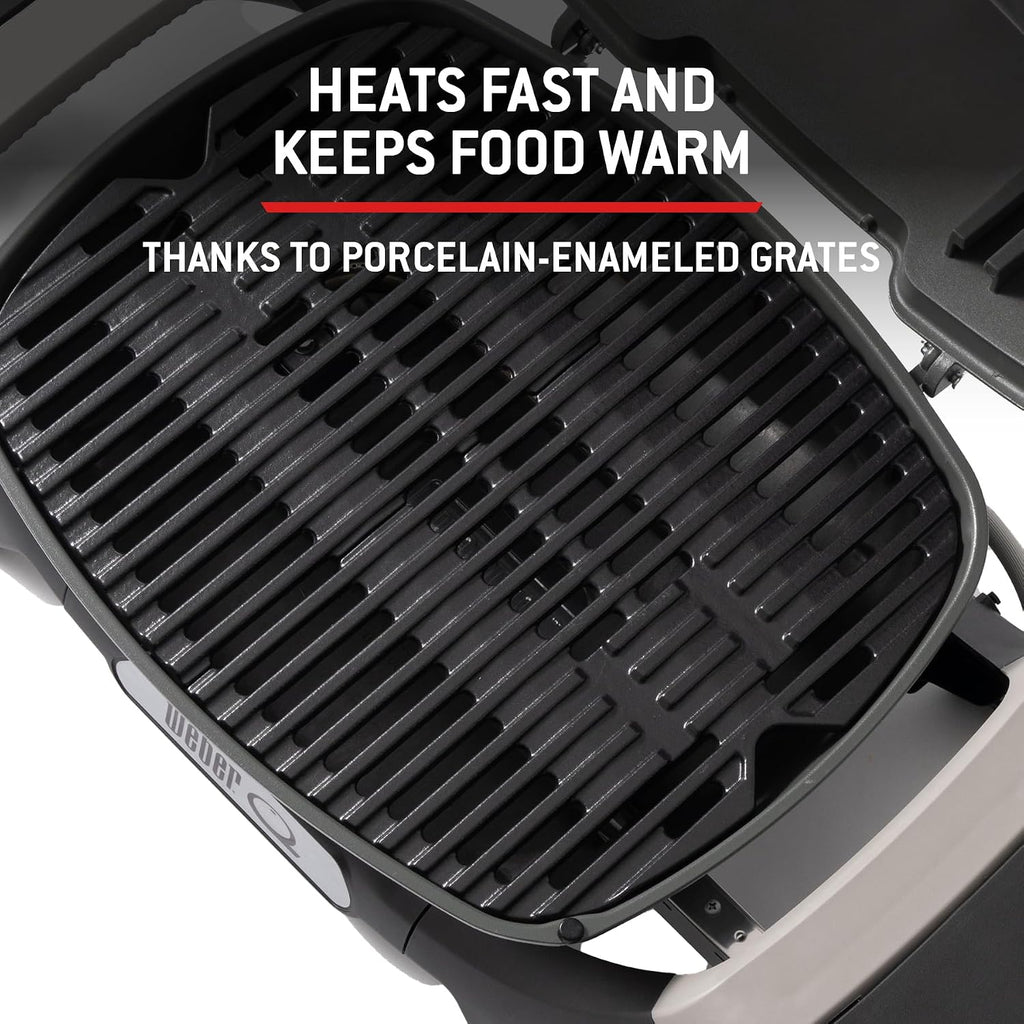 Weber Q 1200N Gasgrill mit Seitentischen/leichter Grill für Camping, Terrassen & Balkone mit Hochleistungsbrenner, porzellanemaillierten Gussrosten & elektronischer Zündung, Mitternachtsschwarz