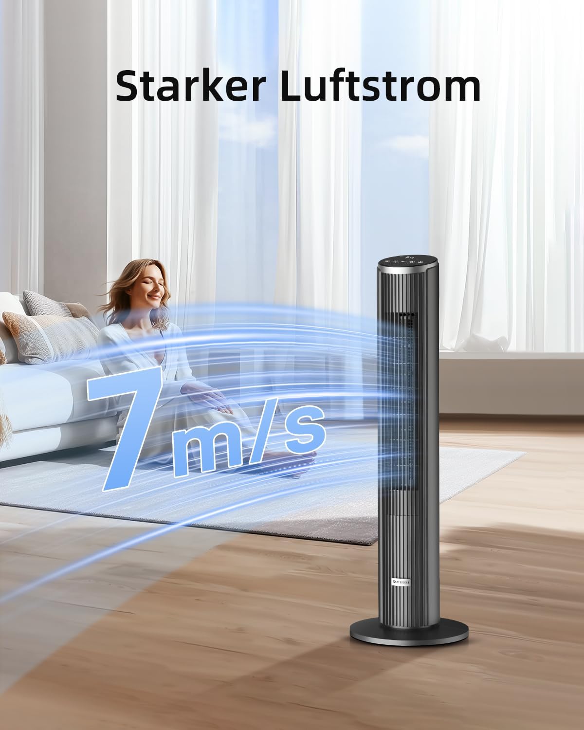 Ateroll Leiser Turmventilator für Schlafzimmer, Standventilator mit Fernbedienung, 90° oszillierend, 4 Geschwindigkeiten 3 Modi 12H Timer LED-Anzeige, 91 cm Elektrischer Kühlventilator, Schwarz