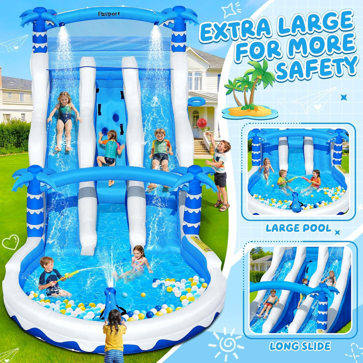 Hüpfburg XXL mit 2 Wasserrutsche für Gewerblichen Erwachsene & Kinder, Aufblasbare Bouncy Castle für Indoor Outdoor mit Gebläse Größe Pool Rutsche Korb Sprinkleranlage und Kletterwand, 630x290x285 cm