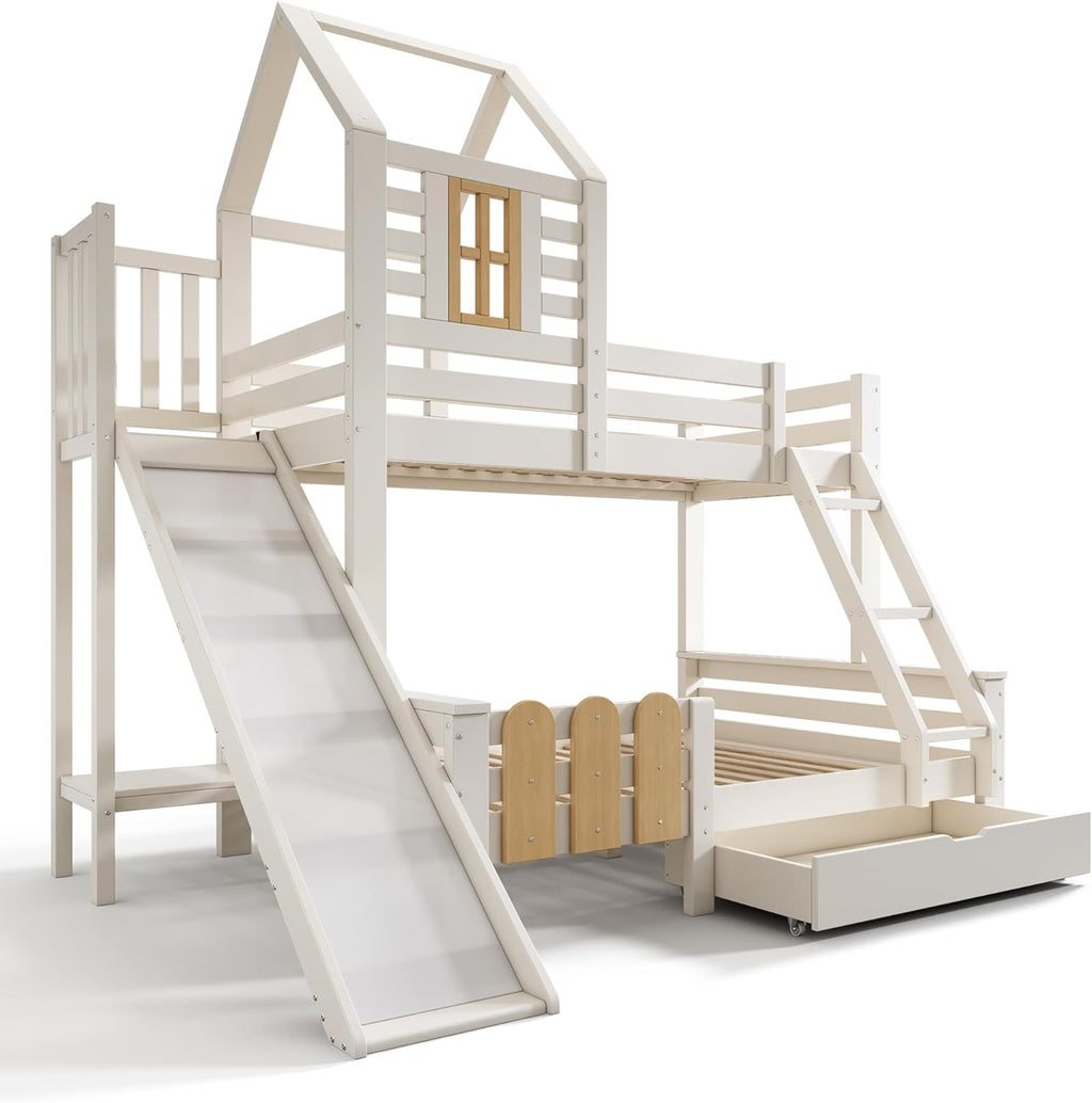 Kinderbett Etagenbett 90x200 & 140x200 cm mit Leiter & Rutsche, Hochbett Hausbett mit Bücherregal & Stauraum Schubladen, Bett Bettgestell mit Lattenrost & Rausfallschutz, Ohne Matratze, Weiß