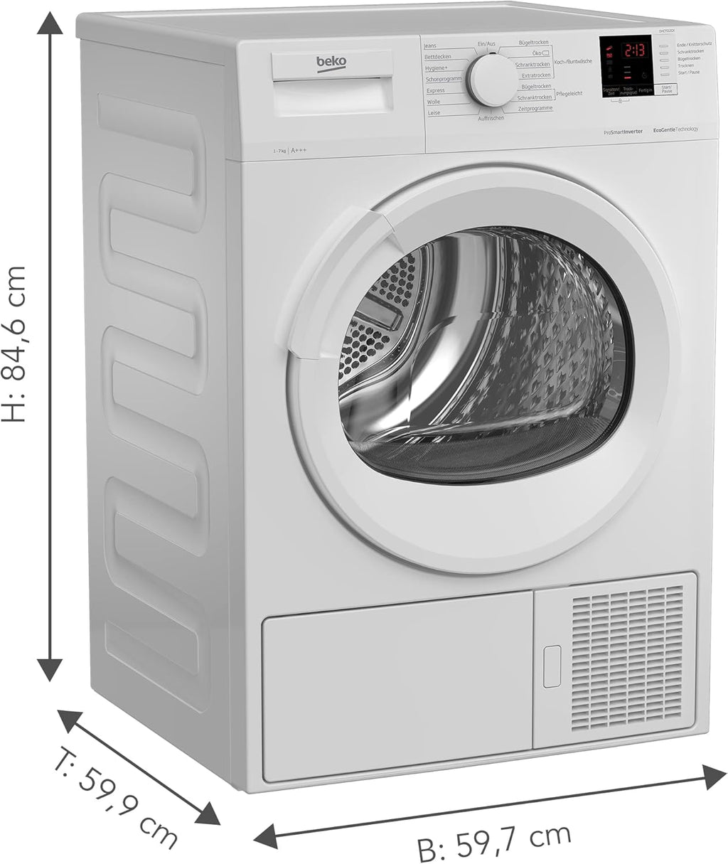 Beko DHC742GXS b300 Wrmepumpentrockner, Frontlader, 7 kg Beladungskapazitt, nur 50,8 cm tief, 15 Programme, Sonsortrocknung, Knitterschutz, Allergikergeeignet, Sulenfhig, Schontrommel, Wei