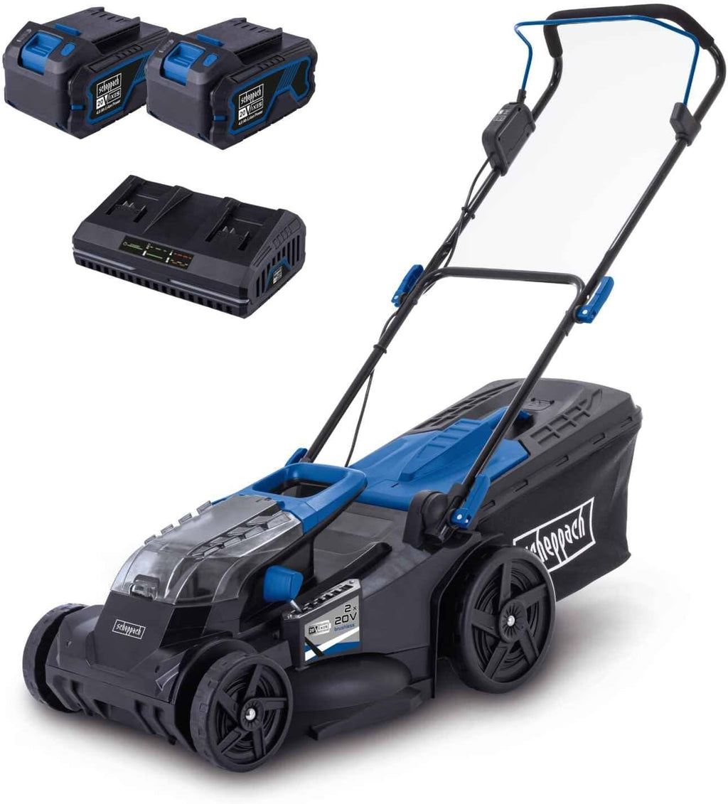 Scheppach Akku Rasenmäher BC-MP430-X 43cm Schnittbreite für 600-700m2 50L Korb Schnitthöhe 25-75mm Brushless 20V-IXES-Serie 10 Jahre Garantie 2X 4Ah Akku  und  Fastcharge Doppelladegerät