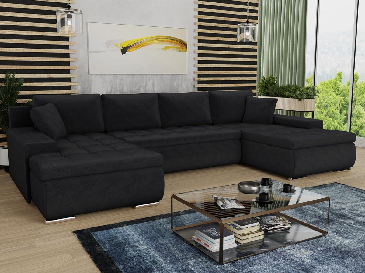 Sofnet Wohnlandschaft mit Schlaffunktion Faris U-Form - Couch, Schlafsofa mit Bettkasten, Couchgranitur mit Bettfunktion, Big Sofa, Bettsofa (Schwarz (Kronos 07))