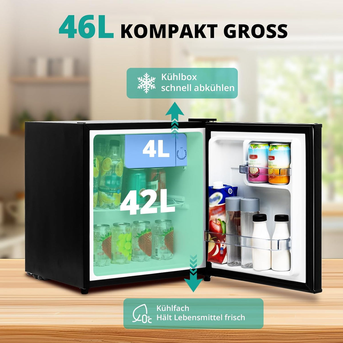 SMETA Mini kühlschränke 45L, Getränkekühlschrank klein 230V, Leise Tischkühlschrank für Büro, Camping, Schlafzimmer & Hotel mit Umkehrbarer 6-Stufen Thermostat, 39dB, 0-10℃,Schwarz