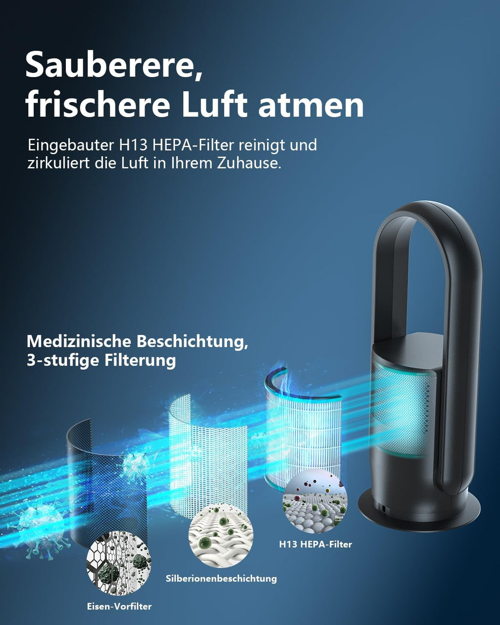Ultty Rotorlos Ventilator mit Luftreiniger, Turmventilator Leise, H13 HEPA Filter, Touch, Timer, 60 cm Bladeless Fan für Schlafzimmer Büro, CR021 Schwarz