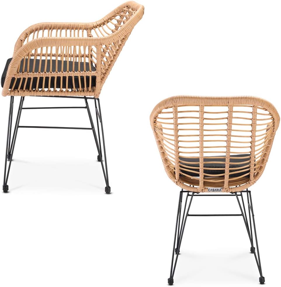 Casaria® Balkonset 3 teilig 5cm Auflagen Wetterfest 5mm Sicherheitsglasplatte Höhenverstellbar Rattan Look Outdoor Terrasse Balkon Gartenmöbel Korbsessel