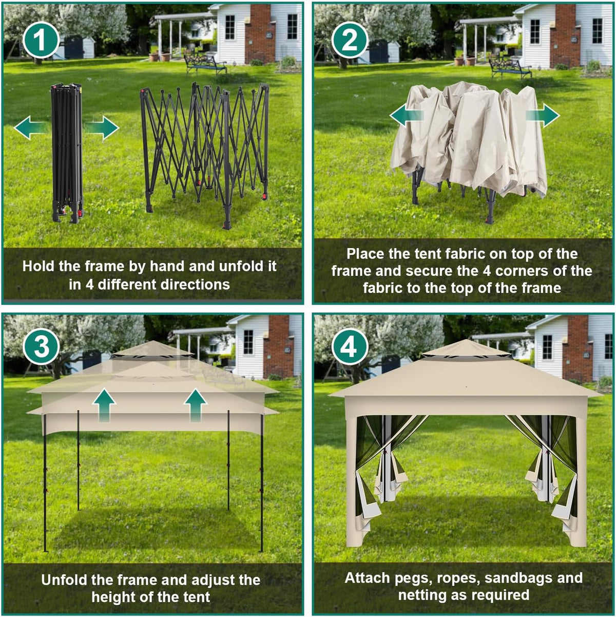 Gartenpavillon 3x3m Wasserdicht UV-beständig, Pavillon mit 4 Seitenteilen, Höhenverstellbar, Stabil Partyzelt mit Sandsäcken & Tragetasche mit Rädern für Garten Party Camping, Beige