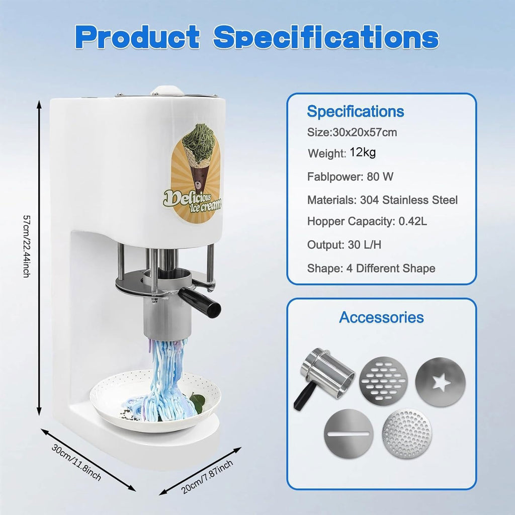 Kommerzielle Spaghetti-Eismaschine, 28–30 l/h, professionelle Gelato-Eis-Nudelmaschine mit 4 verschiedenen Nudelformen, for Catering und Soft-Serve-Läden(Red)