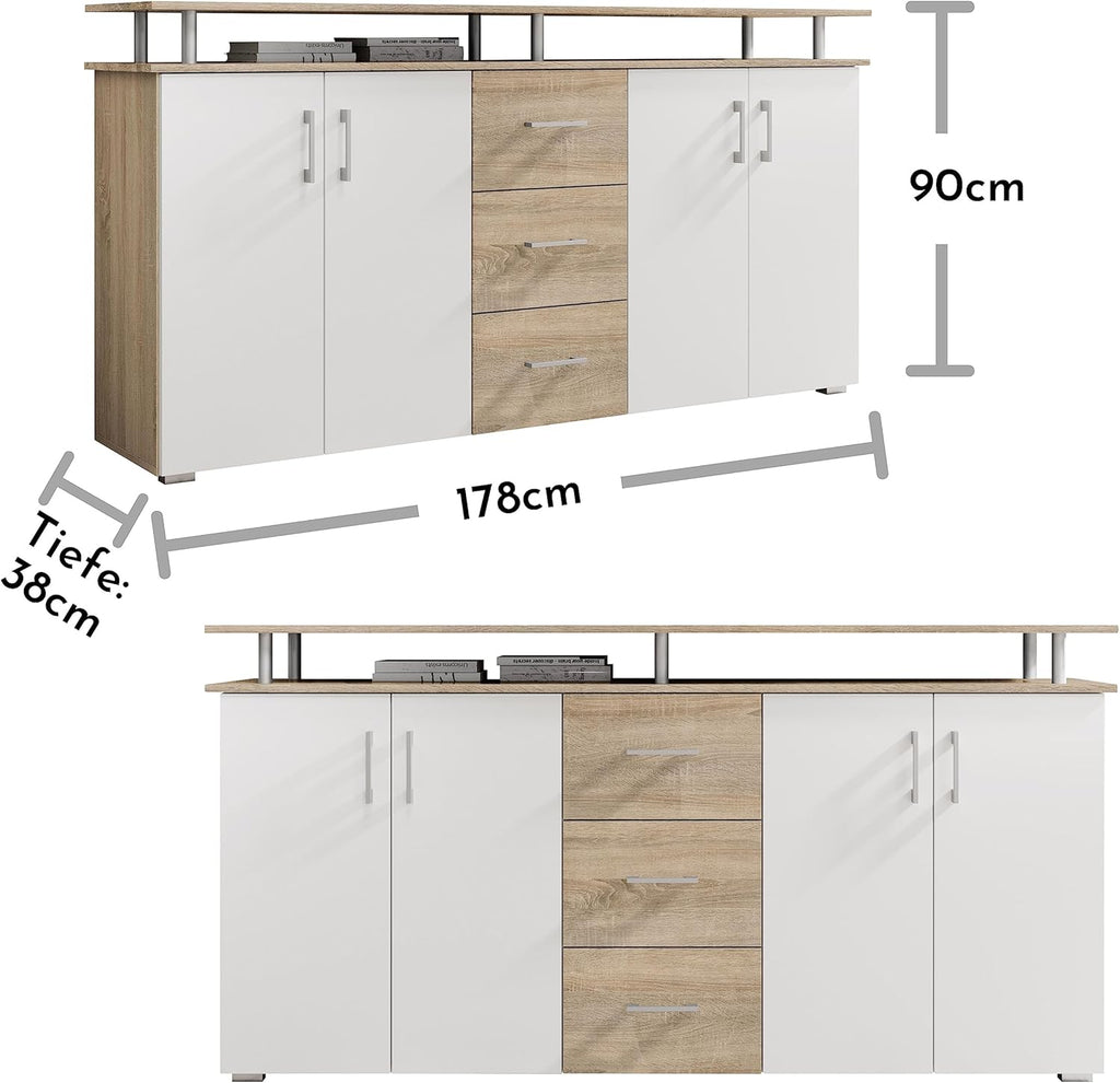Stella Trading Highboard mit Ablage in Eiche Sonoma Optik, Weiß - Moderner Wohnzimmerschrank mit Schubladen und viel Stauraum für Ihren Wohnbereich - 178 x 90 x 38 cm (B/H/T)