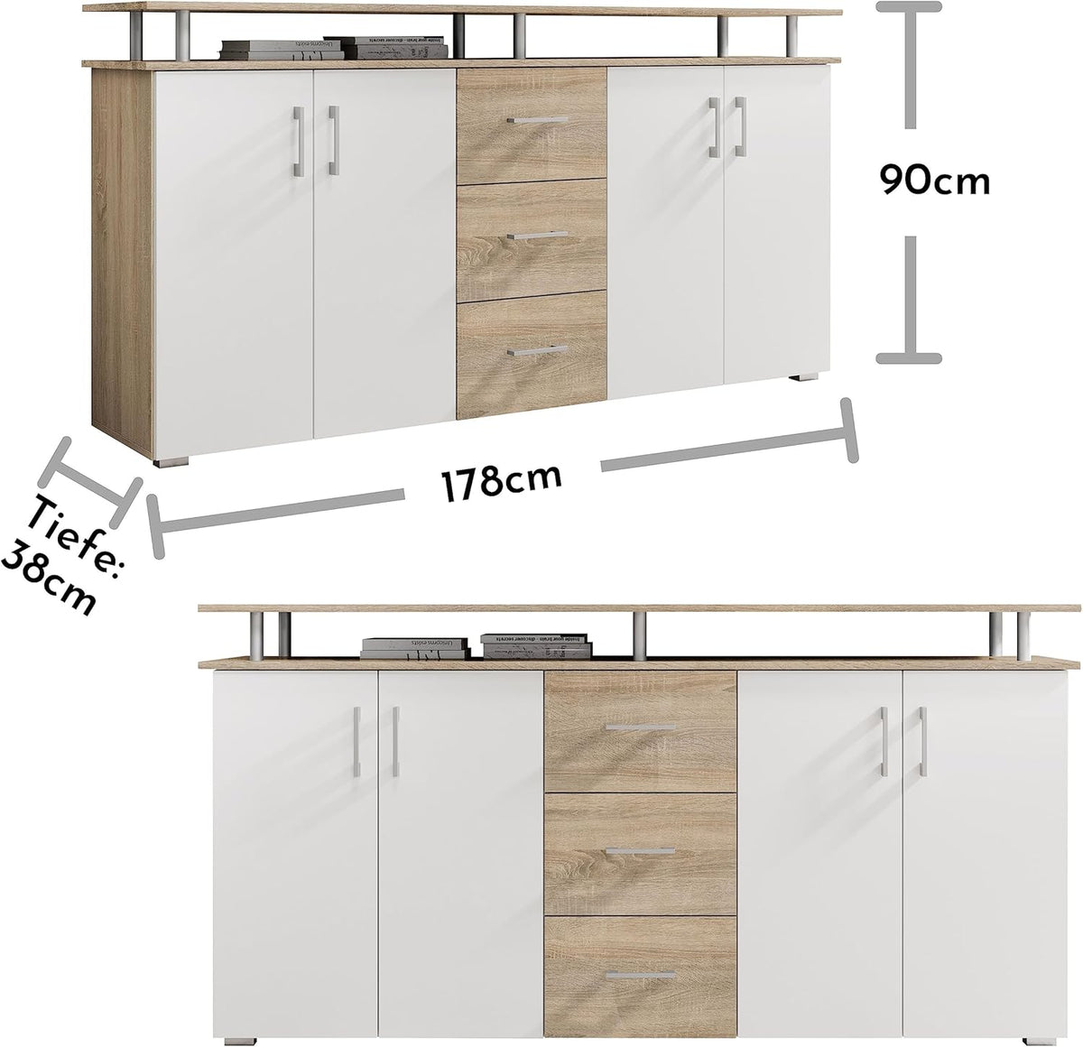 Stella Trading Highboard mit Ablage in Eiche Sonoma Optik, Weiß - Moderner Wohnzimmerschrank mit Schubladen und viel Stauraum für Ihren Wohnbereich - 178 x 90 x 38 cm (B/H/T)