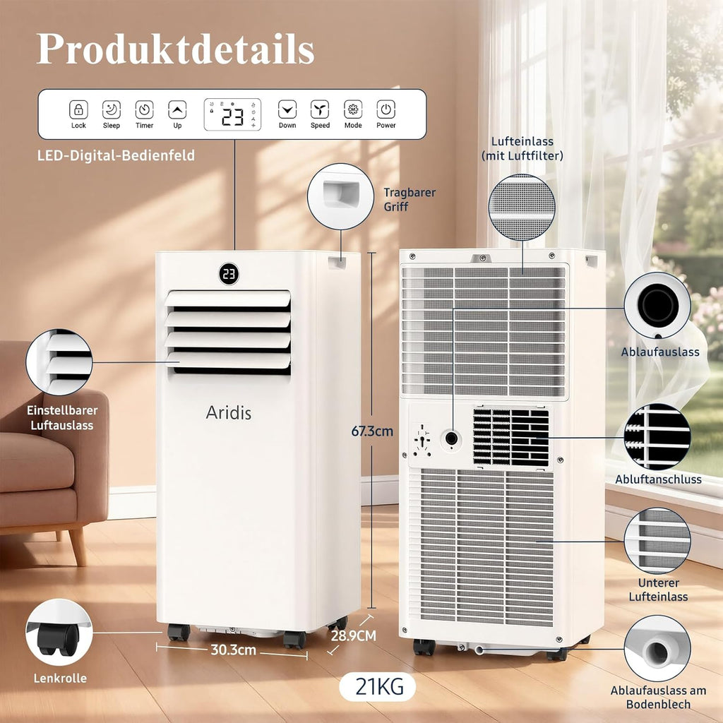 Klimaanlage Mobil 9000 BTU,4-in-1 Mobile Klimaanlage - LED Display&Fernbedienung,leise mobile klimaanlage mit einem Fenstermontagesatz,klimagerät mit abluftschlauch,Raumgröße bis 88m³(33㎡) Tragbare