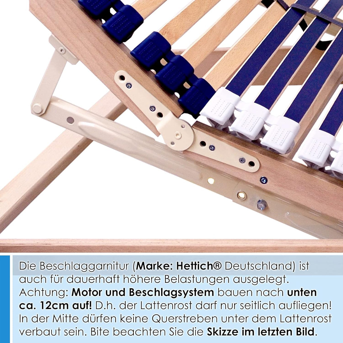 elektrischer Lattenrost 100% BUCHE - Kopf- u. Fußteil elektrisch verstellbar - SCHULTERFRÄSUNG, 7 Zonen, 44 Federleisten, Härteregulierung, Mittelgurt - Motor Comfort 44® - fertig montiert (90x200)