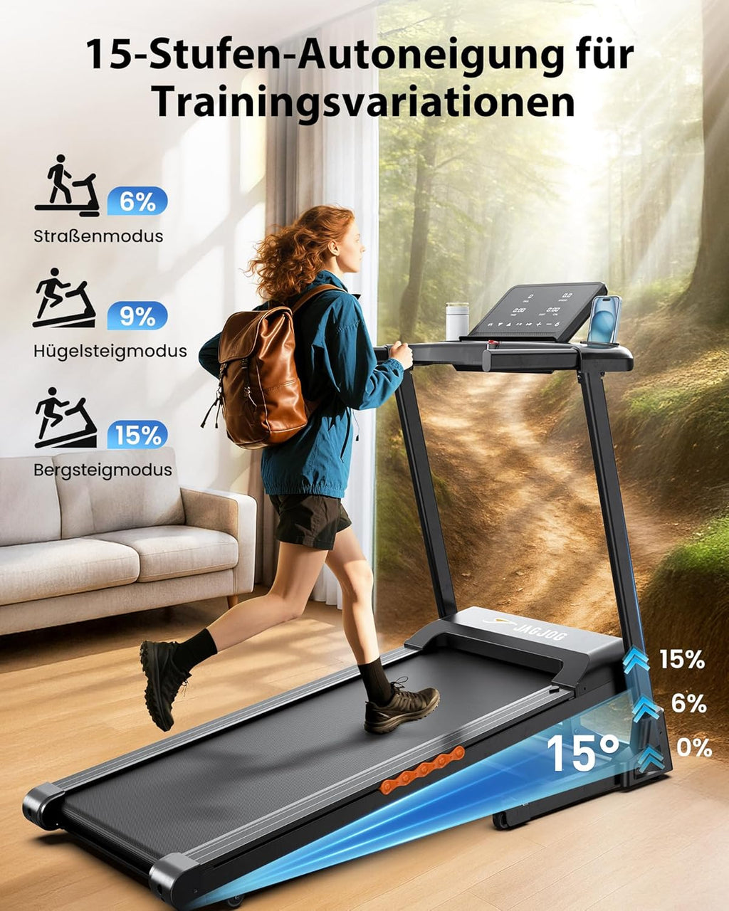 Laufband Klappbar für Zuhause mit 15%-18% Automatische Steigung, 3-4,5 PS Motor, Leise & Kompakt, 13-18" Zoll Breit LED Anzeige & 12 Programme, 14-16 km/h Elektrisches Fitness Laufband