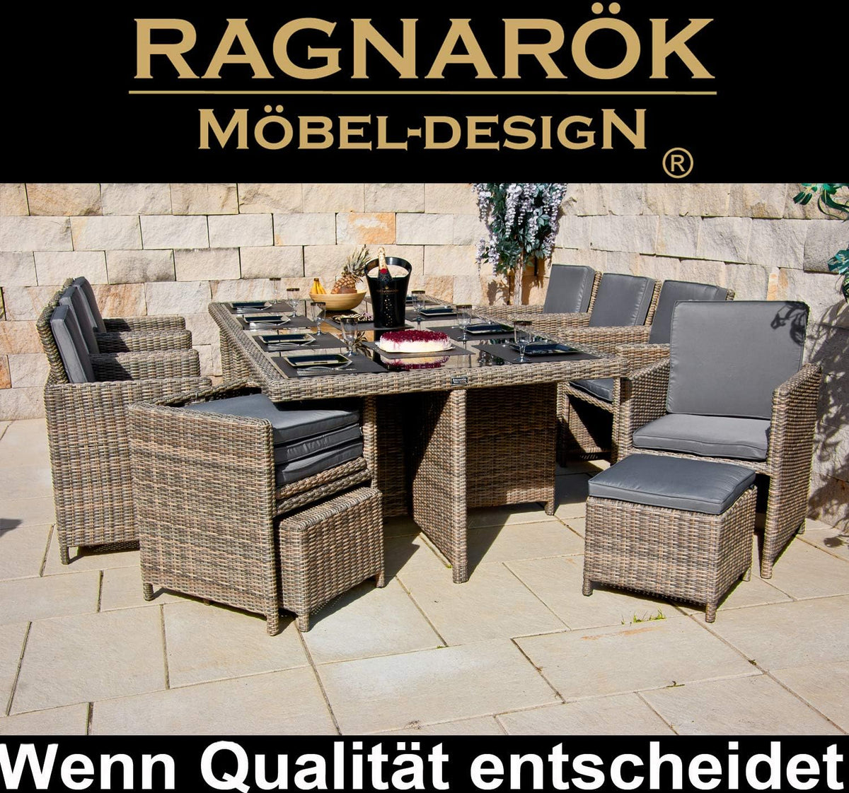 PolyRattan - Deutscher Hersteller - 10 Jahre GARANTIE auf UV-Beständigkeit - Gartenmöbel Essgruppe Tisch 8 Stuhl Hocker Polster Rostfrei Aluminium Dining Lounge Naturfarben Grau Schwarz
