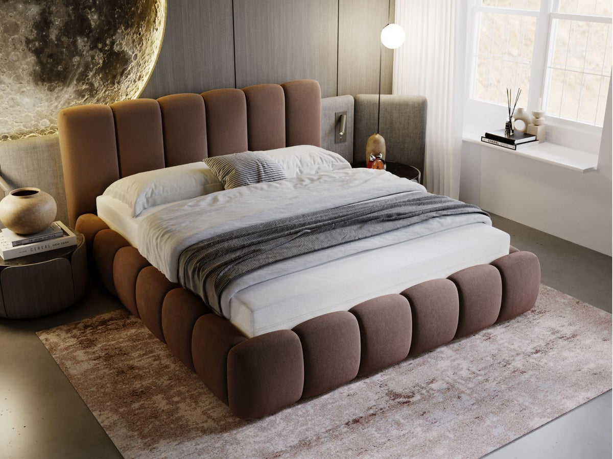 GRAINGOLD Cloud Bett 140x200, Polsterbett mit Bettkasten, Polsterbett mit Stauraum, Samt, mit Lattenrost, mit Kopfteil, ohne Matratze (Braun, 140x200)