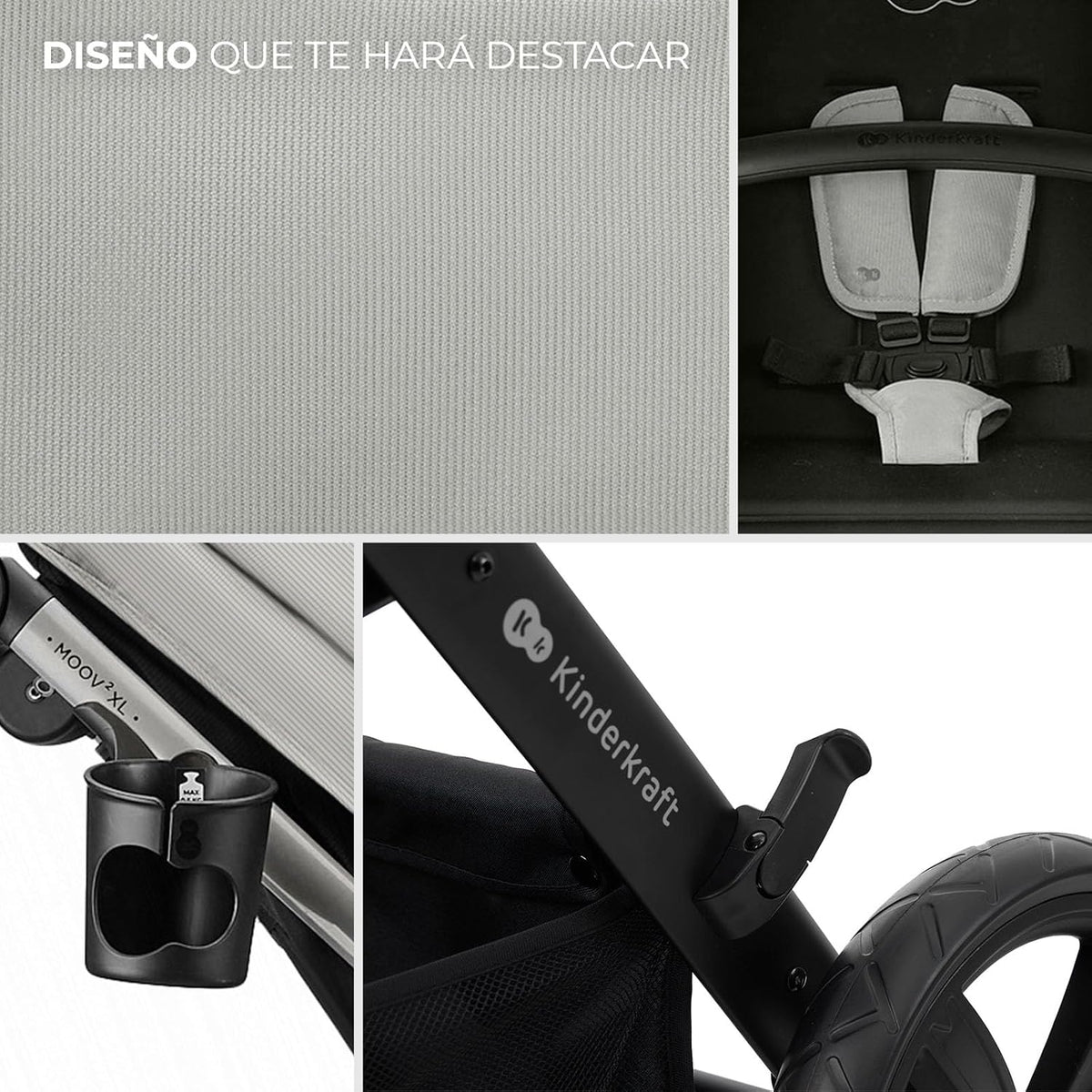 Kinderkraft MOOV XL 3 en 1, Carrito bebé hasta 27 kg, Carro, Con Asiento I-SIZE 40-75 cm, Plegable, Amortiguación, Convertible, Capazo XL, Con accesorios, Gris Claro