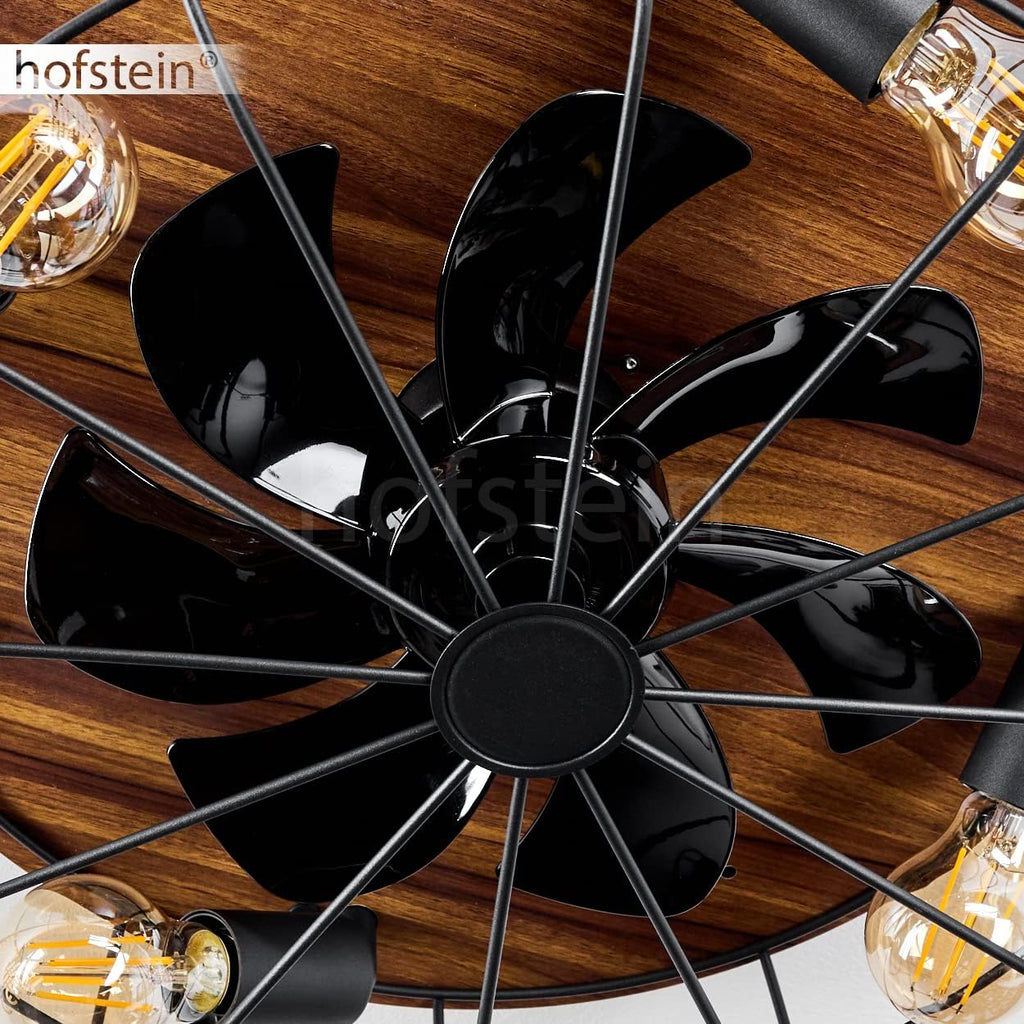 Deckenventilator Moscavide, Ventilator aus Metall/Kunststoff in Schwarz/Holzoptik/Braun mit Fernbedienung, Deckenleuchte mit schwenkbaren Spots, 4-flammig, 4 x E27 max. 10 Watt IP20