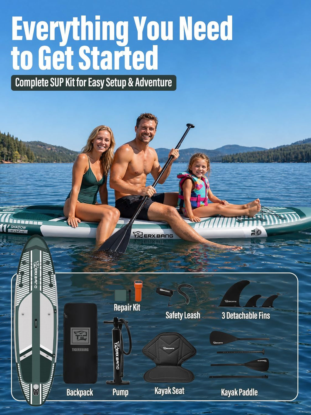 TIGERXBANG Aufblasbares Stand-Up-Paddle-Board mit Zubehör 335 × 86 × 15 cm, SUP Board für Erwachsene, Kollektion Shadow
