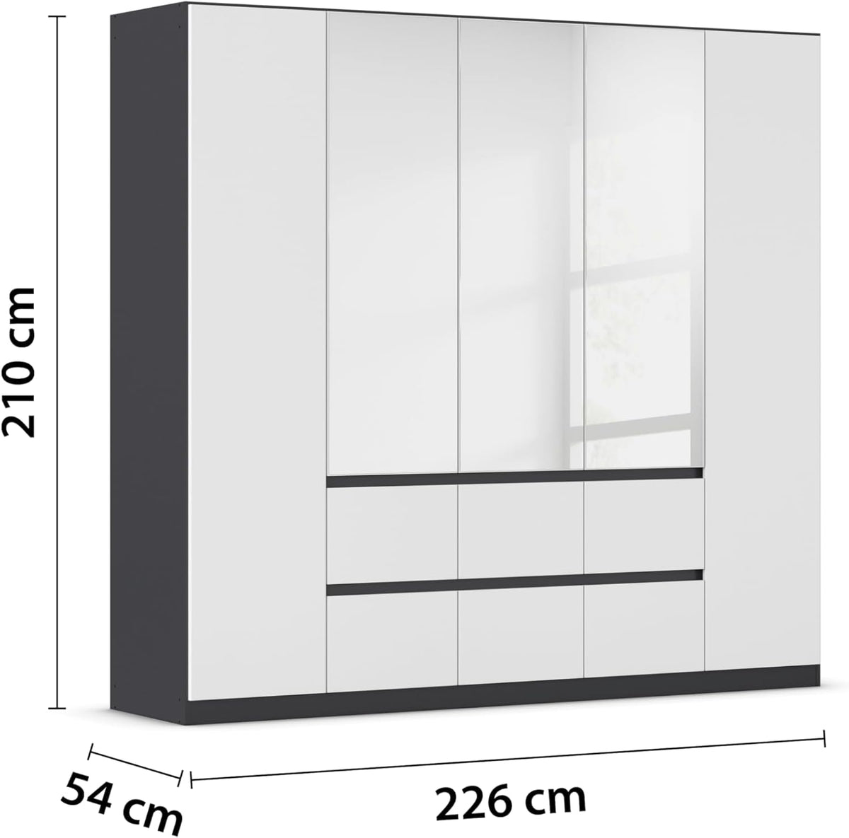 Rauch Möbel Mainz Schrank Kleiderschrank Drehtürenschrank Weiß-Grau metallic, Schwarz, 5-türig Spiegel, 6 Schubladen, Zubehörpaket Basic 3 Einlegeböden, 3 Kleiderstangen, grifflos BxHxT 226x210x54 cm