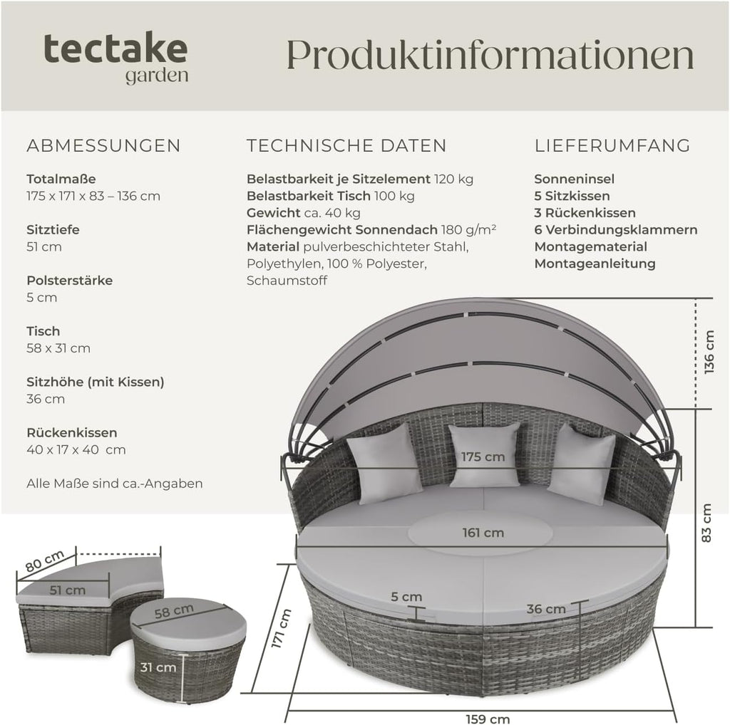 tectake® Lounge Muschel Sonneninsel Outdoor wetterfest, Gartenmuschel, Sonnenliege 2 Personen und mehr, multifunktionales Terrasse oder Balkon Möbel, Gartenliege wetterfest - grau