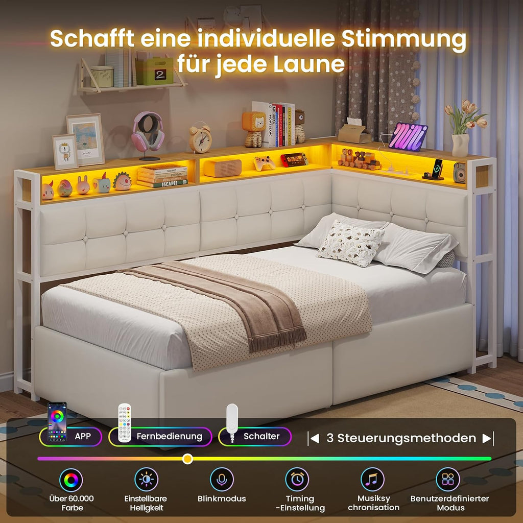 DICTAC Jugendbett 90x200 mit Stauraum, LED & Ladestation | Polsterbett mit hydraulischem Stauraum, zweistöckiges Ablagefach | Tagesbett Einzelbett in weiß– für Kinder, Jugendliche & Erwachsene