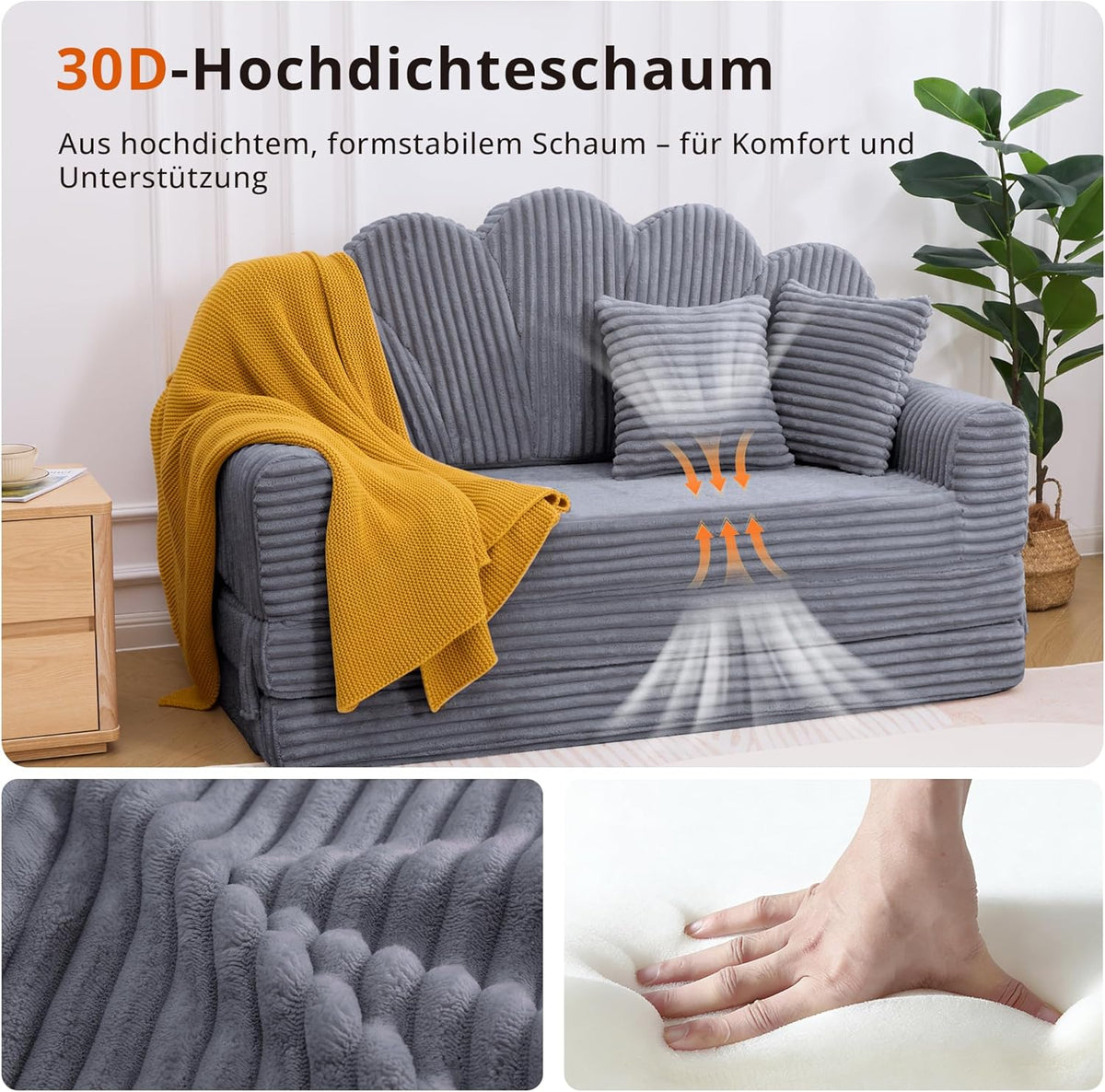 IRONCK Schlafsofa 2-Sitzer Sofa mit Schlaffunktion Boneless Sofa Bed aus Cord & Schaum, Sofabett 153x267cm, Klappbar Schlafcouch, 2 Kissen & Seitentaschen, Bettsofa für Wohnzimmer Schlafzimmer, Grau