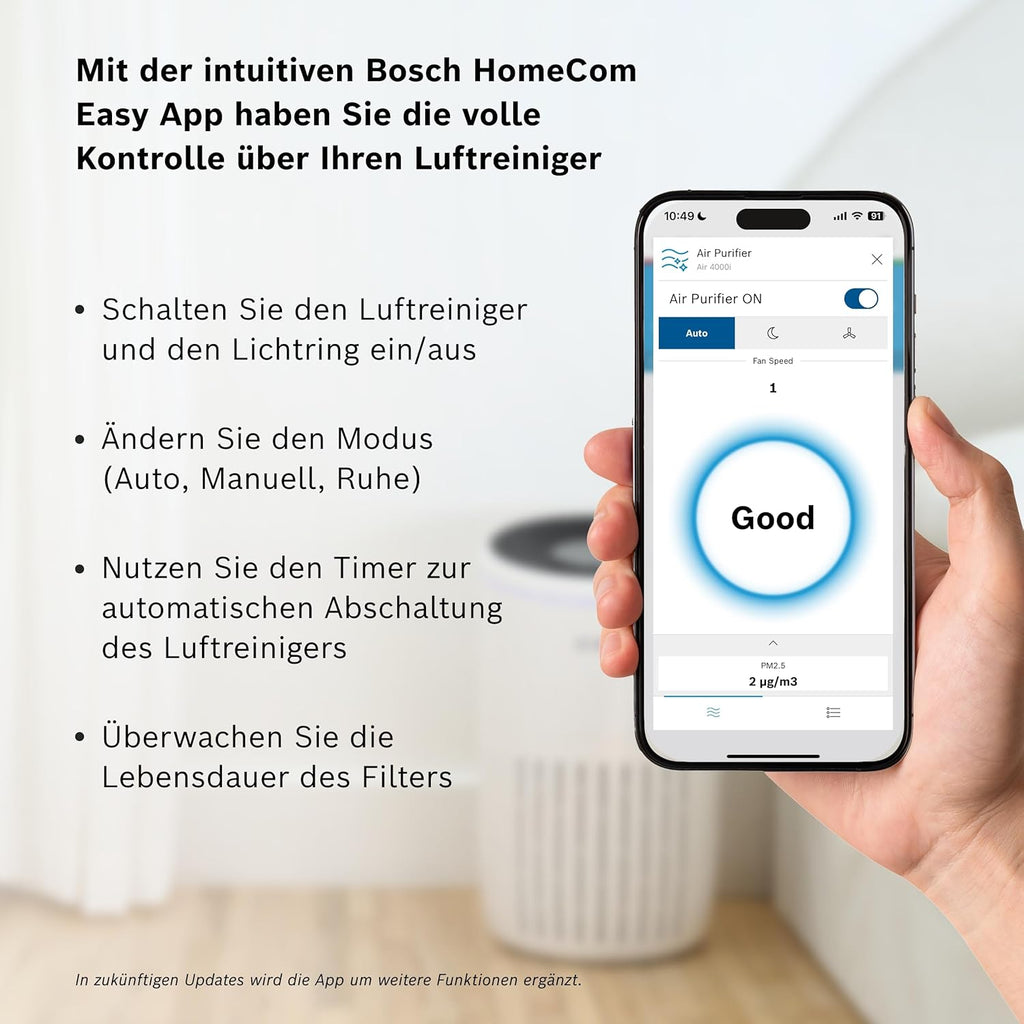 Bosch Air 4000i App-gesteuerter Luftreiniger - Für Räume bis zu 62,5 m² - Entfernt Schadstoffe - Mit 3-in-1 Luftfilter, Smart Sensor, Automatikmodus, Ruhemodus (< 25 dB(A)) - CADR: 300 m³/h