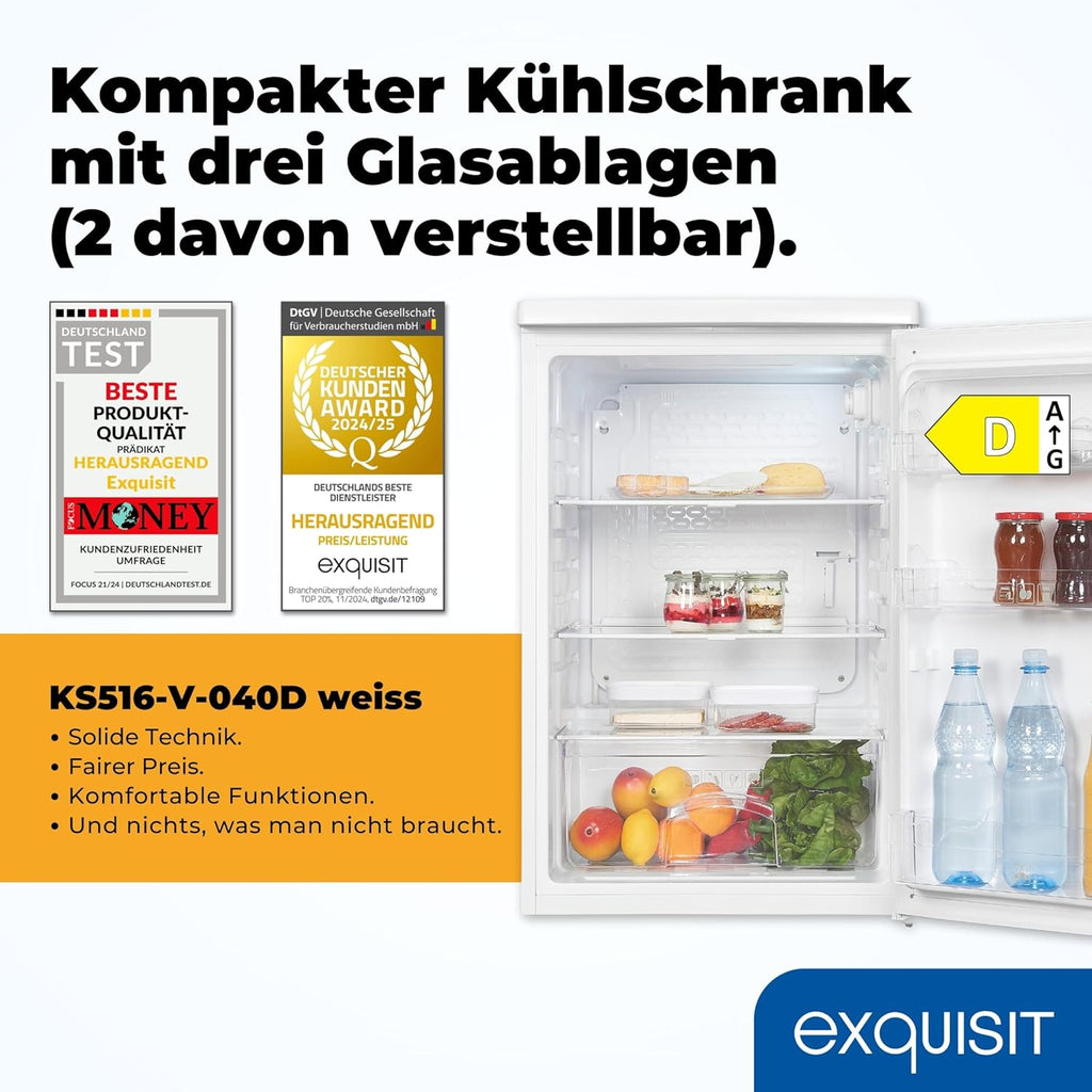 Exquisit Kühlschrank ohne Gefrierfach, 126 Liter, 55 cm Breit, Freistehend, Kompakt, Temperaturregelung, LED-Licht, KS516-V-040D weiss