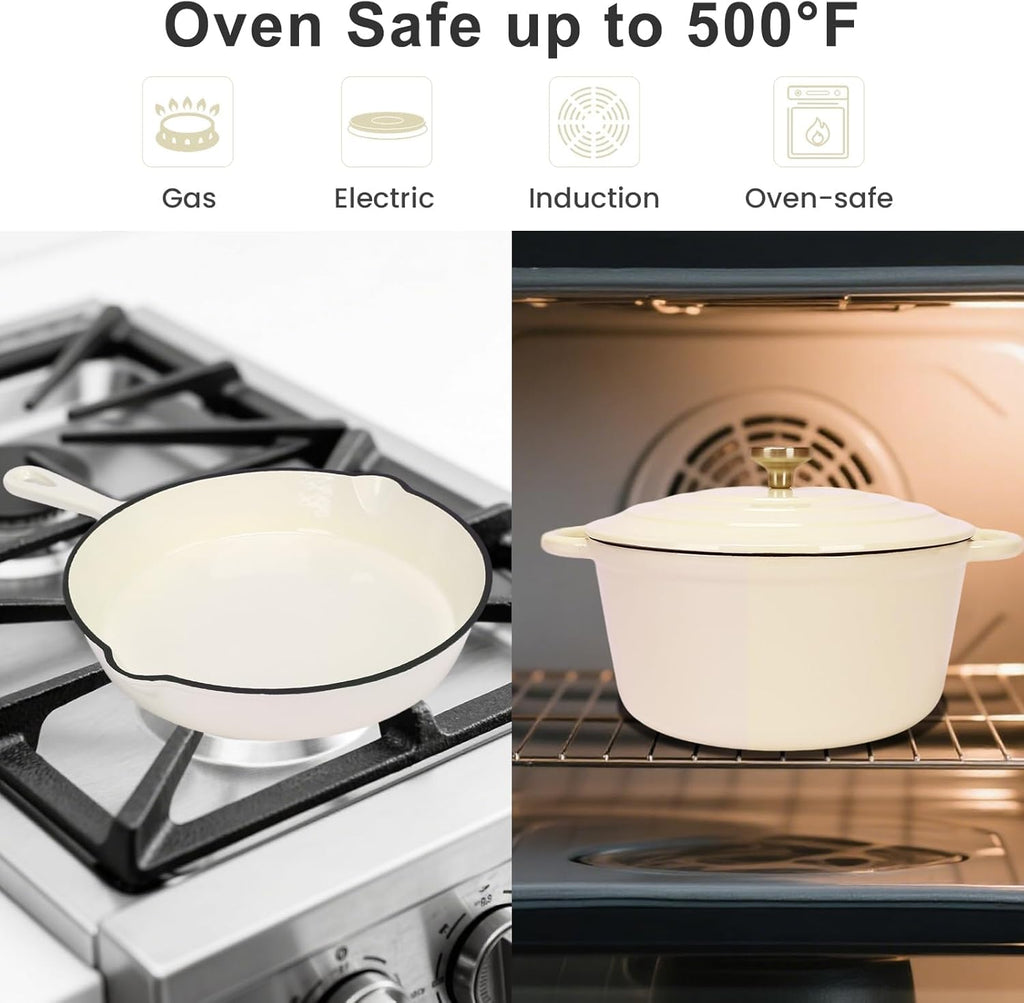 GFTIME Emaille Gusseisen Kochgeschirr Set 5-teilig, Töpfe und Pfannen Set, Schmortopf mit Deckel, Dutch Oven 2,3 QT, Bratpfanne 28 cm, Brotbackform, Ofenfest, für alle Herdarten inkl. Induktion