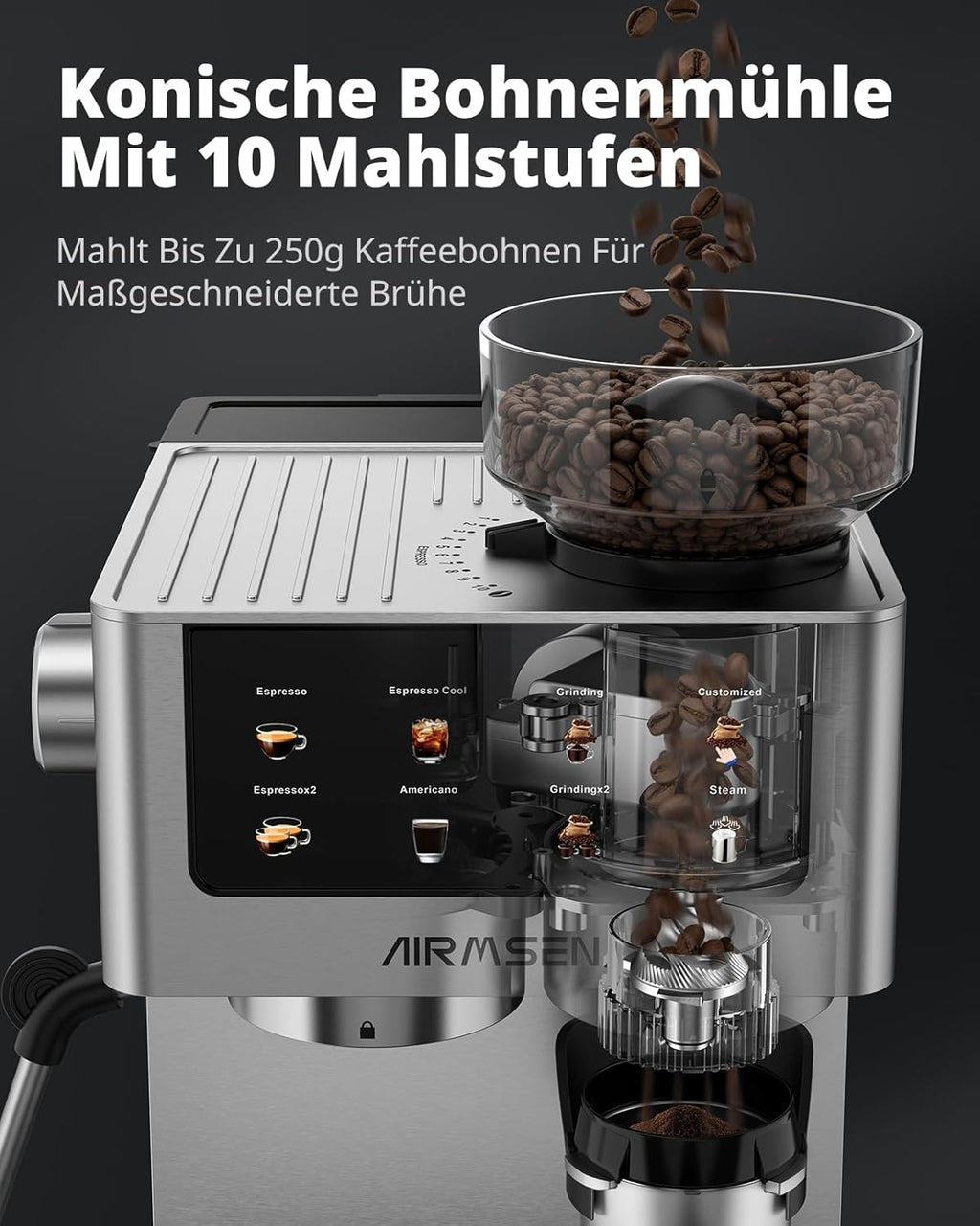 AIRMSEN 20 Bar Siebträgermaschine mit Kegelmahlwerk & Milchschäumer, 1.8L Wassertank, Edelstahl Espressomaschine Kaffeemaschine für Americano, Cappuccino und Latte