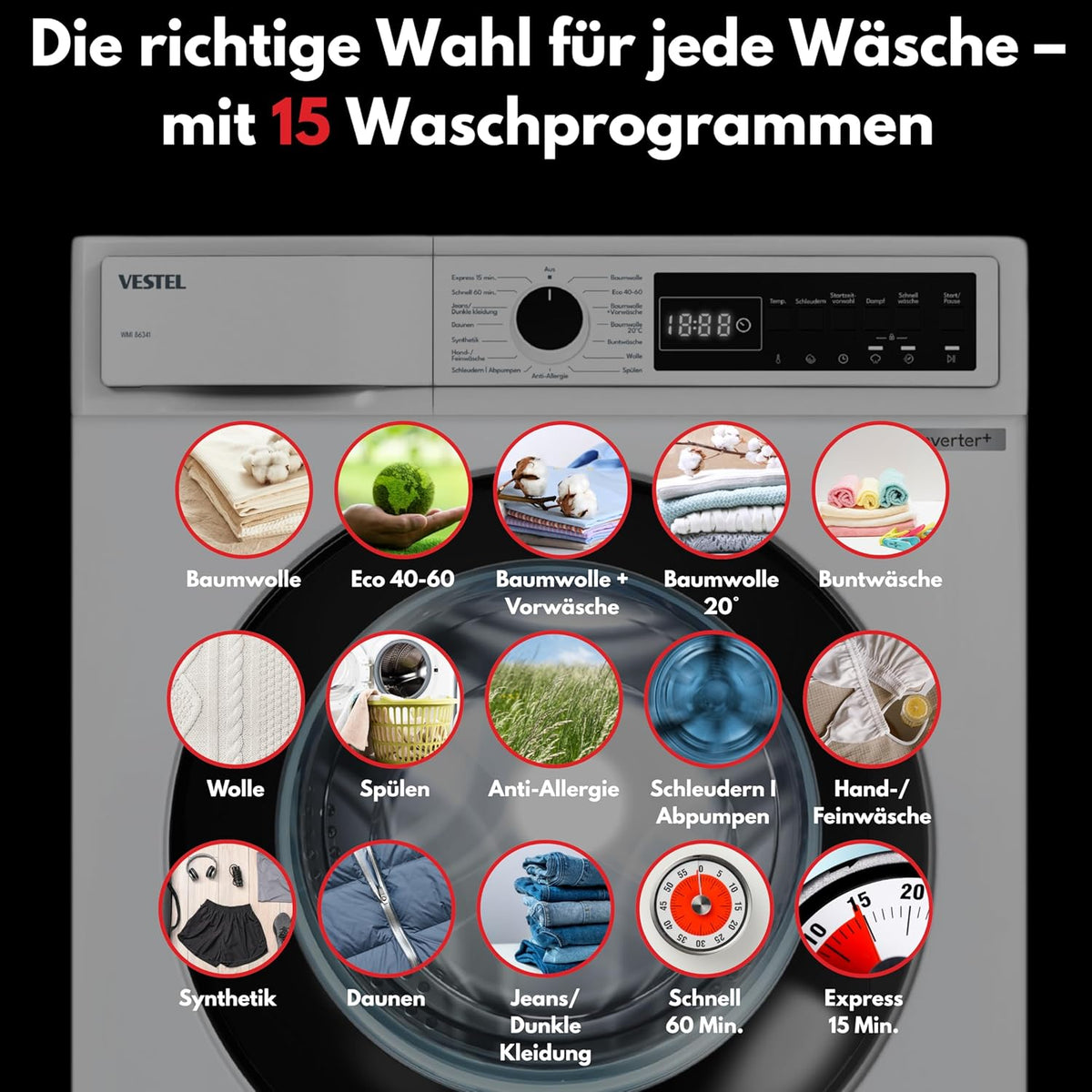 VESTEL WMI 86341 Waschmaschine 8 kg Frontlader – 1400 U/min, Energieeffizienzklasse A, Inverter-Motor, Dampffunktion, AquaStop, leise, freistehend, weiß