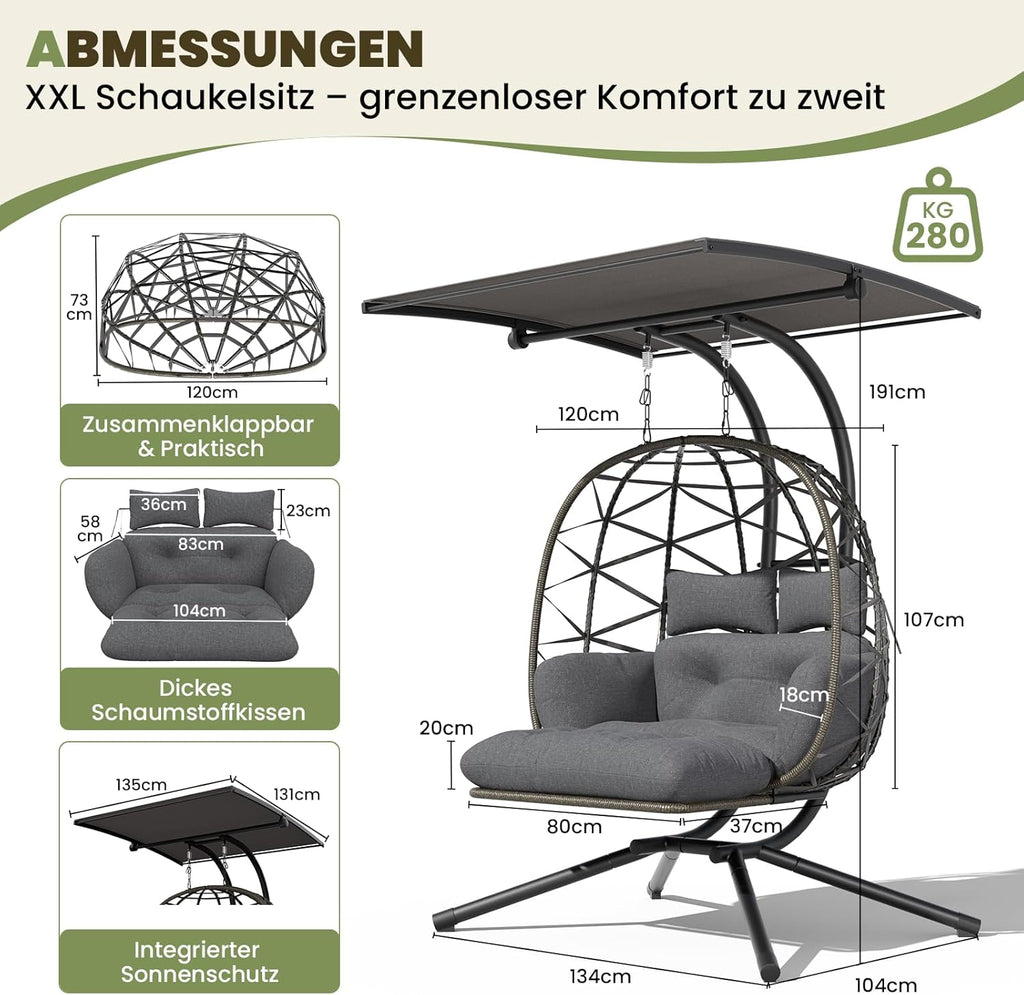 UDPATIO Hängesessel Outdoor mit Gestell, Hängeschaukel mit Sonnendach & Fußablage, Hängestuhl bis 280KG für 2 Personen, Verstellbare Kuppel & Dicke Kissen, Schaukel Sessel Garten, Balkon, Grau