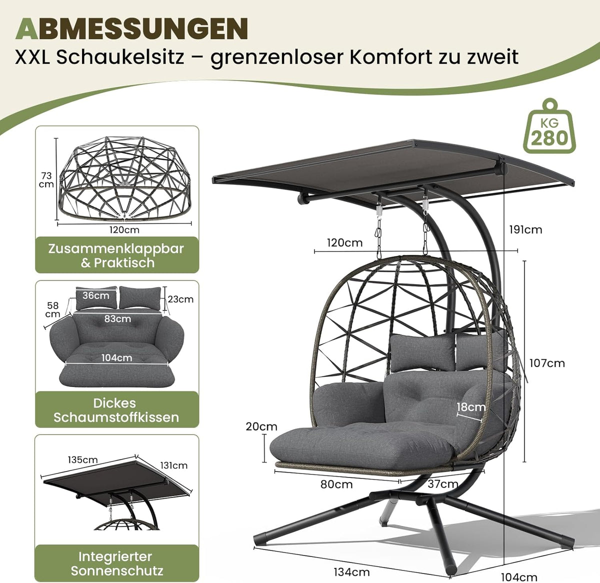 UDPATIO Hängesessel Outdoor mit Gestell, Hängeschaukel mit Sonnendach & Fußablage, Hängestuhl bis 280KG für 2 Personen, Verstellbare Kuppel & Dicke Kissen, Schaukel Sessel Garten, Balkon, Grau