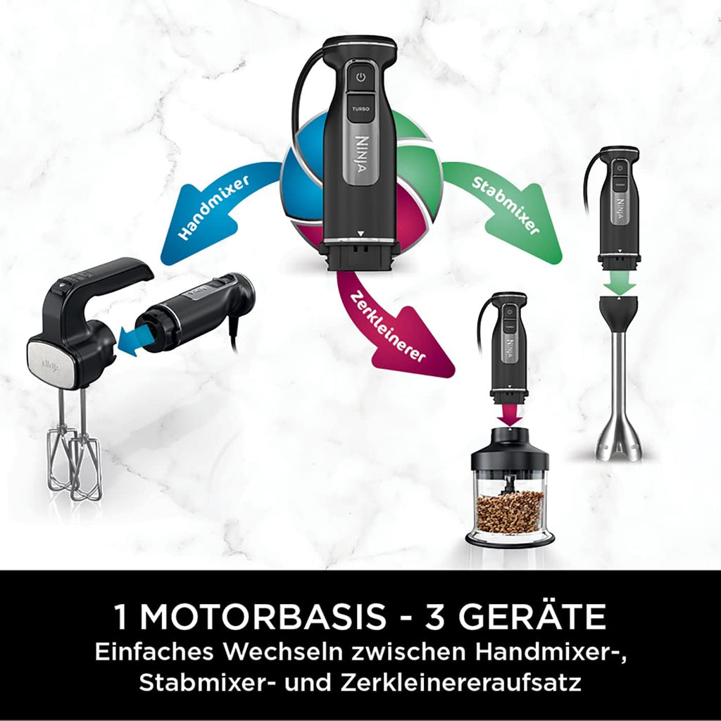 Ninja Foodi 3-in-1 Stabmixer, Handmixer & Zerkleinerer, Stufenweise Anlauf, 2 Misch- und 5 Rührgeschwindigkeiten zum Zerkleinern, Mischen, Kneten und mehr, spülmaschinenfest, 850W, Schwarz CI100EU