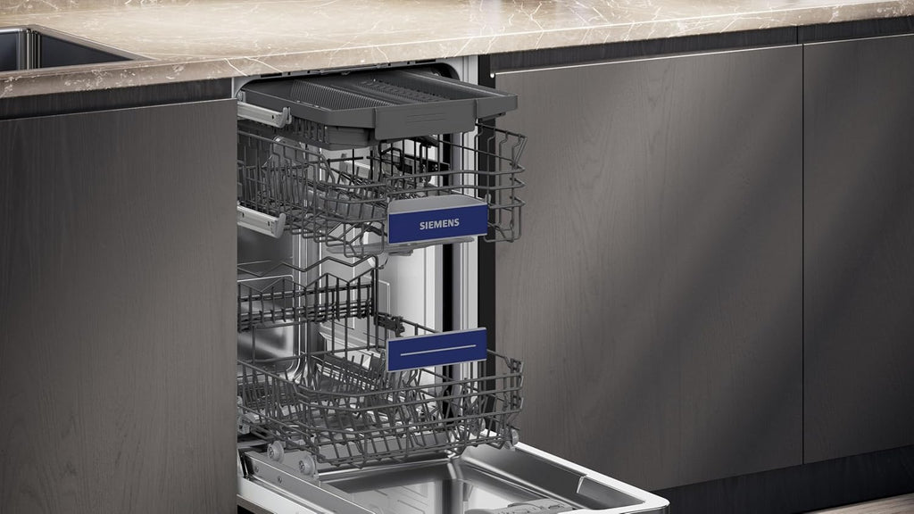 Siemens iQ300 Unterbau-Geschirrspüler, 45 cm, 44 dB, varioSpeed Plus, autoOpen dry automatische Türöffnung, flexible Körbe mit varioFlex, aquaStop, hygienePlus, Home Connect, Gebürsteter Stahl