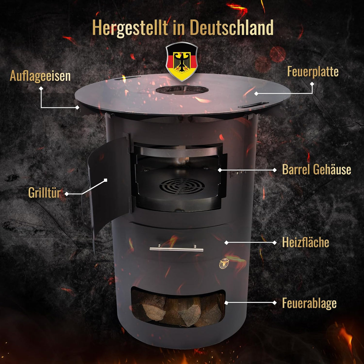 Komplettset – Multifunktionstonne mit 80cm Feuerplatte in 8mm Stärke #2002 – Feuerkorb & Zubehör – A. Weyck Tools Vielseitige Dutch Oven Station, Feuertonne & Grillfass – Hitzebeständig bis 700 Grad