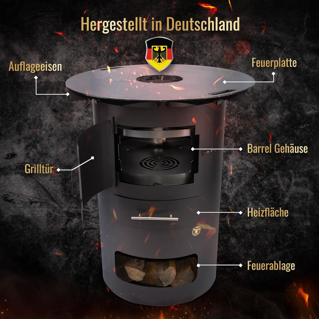 Komplettset – Multifunktionstonne mit 100cm Feuerplatte in 10mm Stärke #2066 – Feuerkorb & Zubehör – A. Weyck Tools Vielseitige Dutch Oven Station, Feuertonne & Grillfass – Hitzebeständig bis 700 Grad