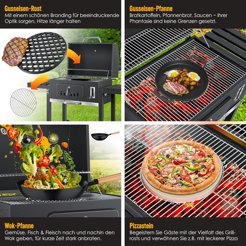 KESSER® Grill Grillwagen BBQ Smoker XXL Holzkohlegrill mit Deckel, Rädern, Edelstahl-Griff, Grillrost und Thermometer, 8 Spieße mit Tasche & Silikon-Pinsel, Standgrill, Kohlegrillwagen