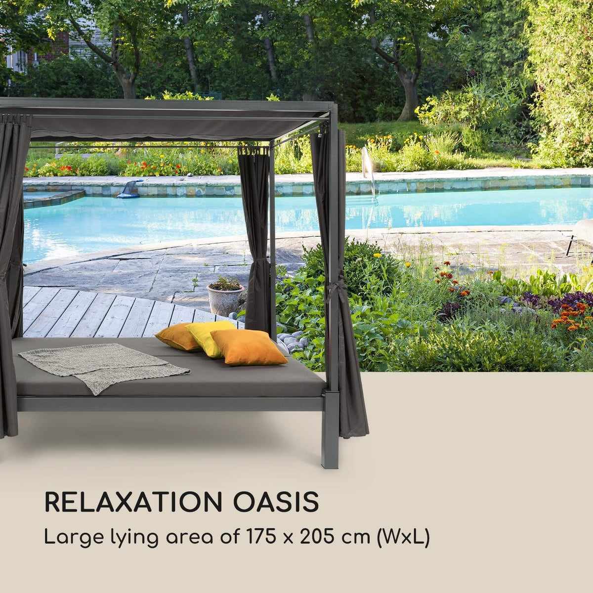 blumfeldt Senator Lounge - Doppel-Gartenliege mit Sonnendach, Lounge-Pavillon, 188 x 208 x 205 cm, komfortable Polsterung, Sichtschutz-Vorhänge, wasserfest, Stahlrahmen, max. 350 kg, grau