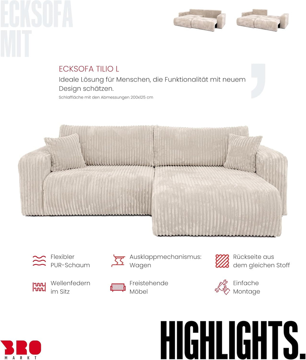 BROMARKT Ecksofa mit Schlaffunktion Creme Couch L-Form Cordstoff Sofa mit Bettkasten Wohnzimmer Schlafcouch Schlafsofa mit Stauraum Eckcouch 3 Sitzer Wohnlandschaft 244x148x82 cm TILIO
