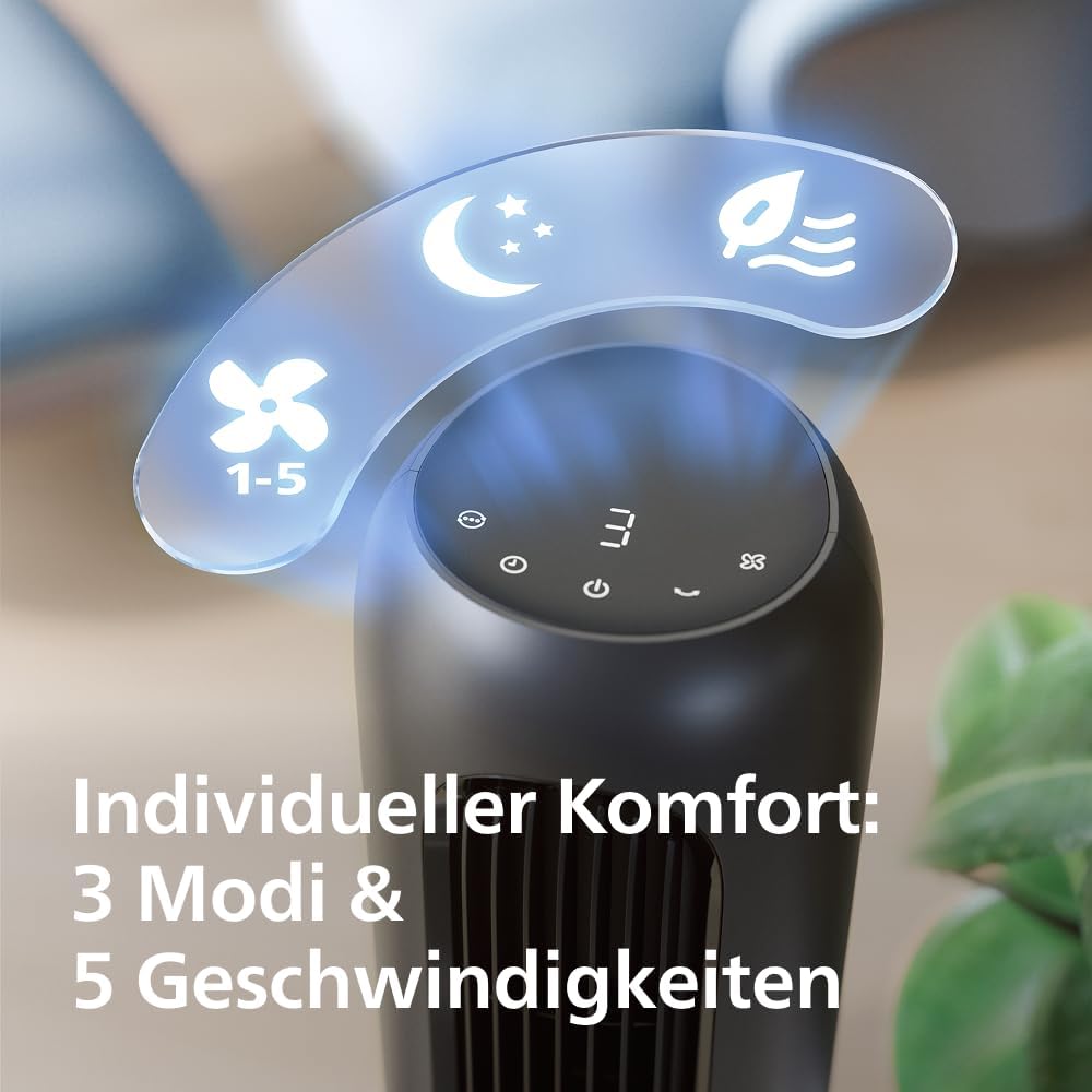 Philips Turmventilator 5000 Series. Leistungsstarke 8,0 m/s, ultra-leise 24 dB, niedriger Energieverbrauch, Fernbedienung, 5 Geschwindigkeitsstufen, Schlafmodus, 9-h-Timer, 80° Oszillation (CX5540/01)