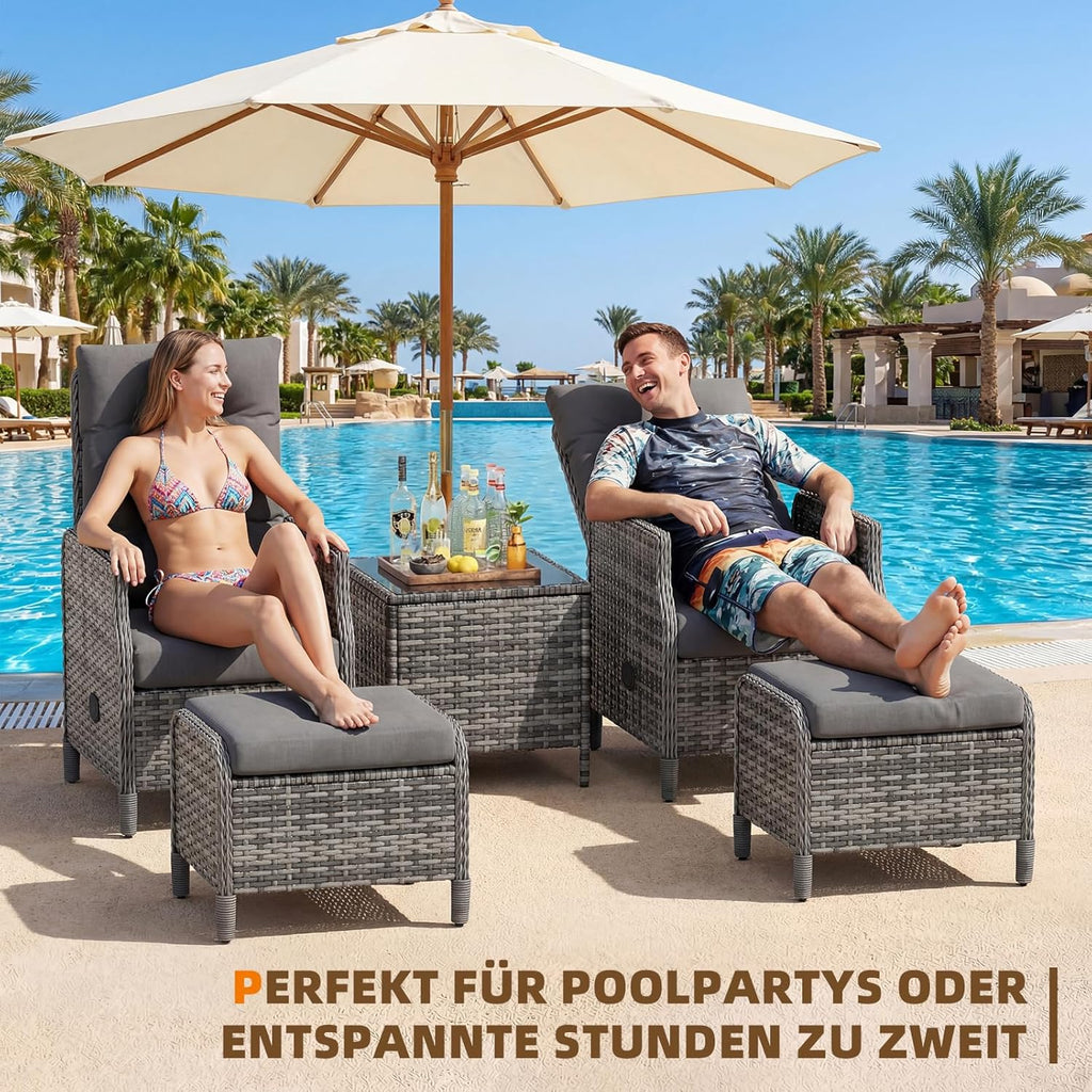 UDPATIO Lounge Möbel Outdoor Set 5-teilig mit Verstellbaren Sessel, Fußhocker und Couchtisch | Rattan Gartenmöbel | Balkonmöbel Kleiner Balkon | Wetterfest Terrassenmöbel | Dunkelgrau
