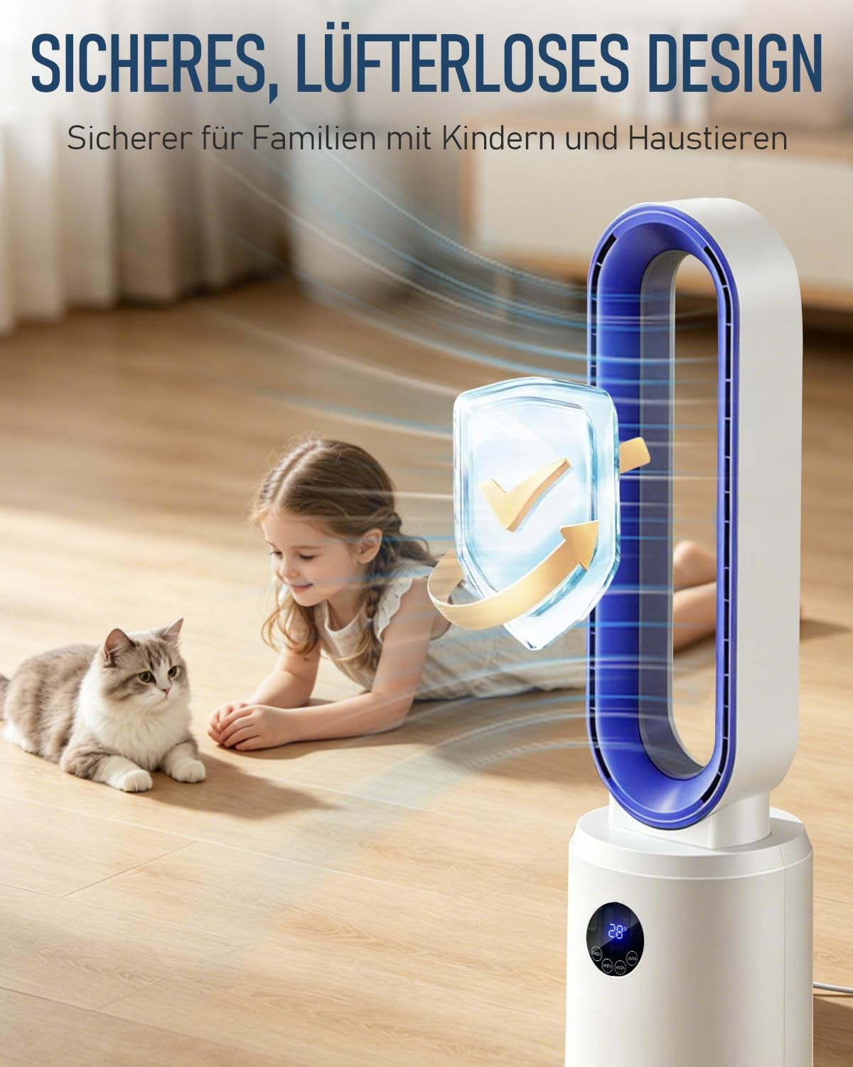 Rotorloser Ventilator, 24 Stufen Leiser Turmventilator Mit Fernbedienung & 12h Timer, Energiesparender DC-Motor, LED Display 60° Oszillierend Luftreinigung Für Schlafzimmer, Büro (Blau)