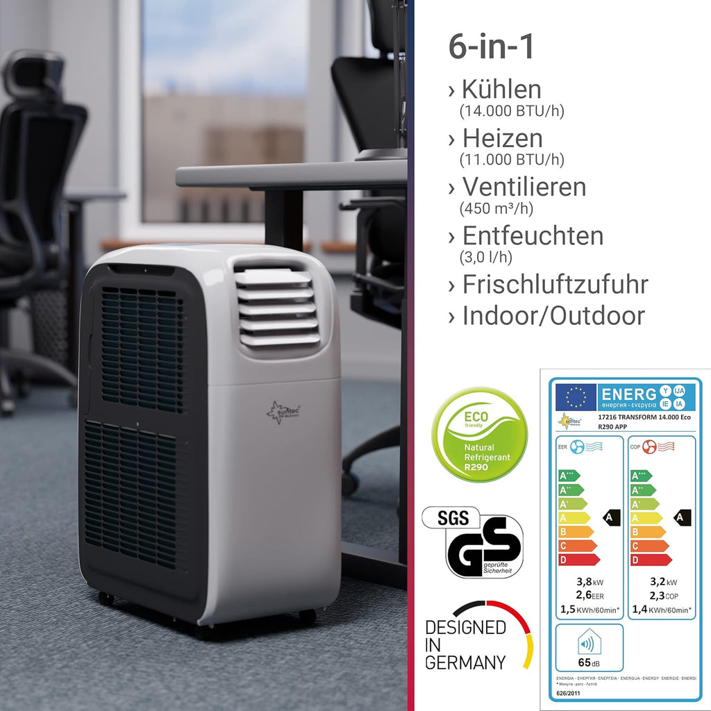 SUNTEC Mobiles Klimagerät Transform 14.000 Eco R290 APP – Klimaanlage mobil und leise mit Smart App Steuerung – Entfeuchter für Räume bis 70 qm – Mobile Kühlung & Heizung für zuhause – 14.000 BTU