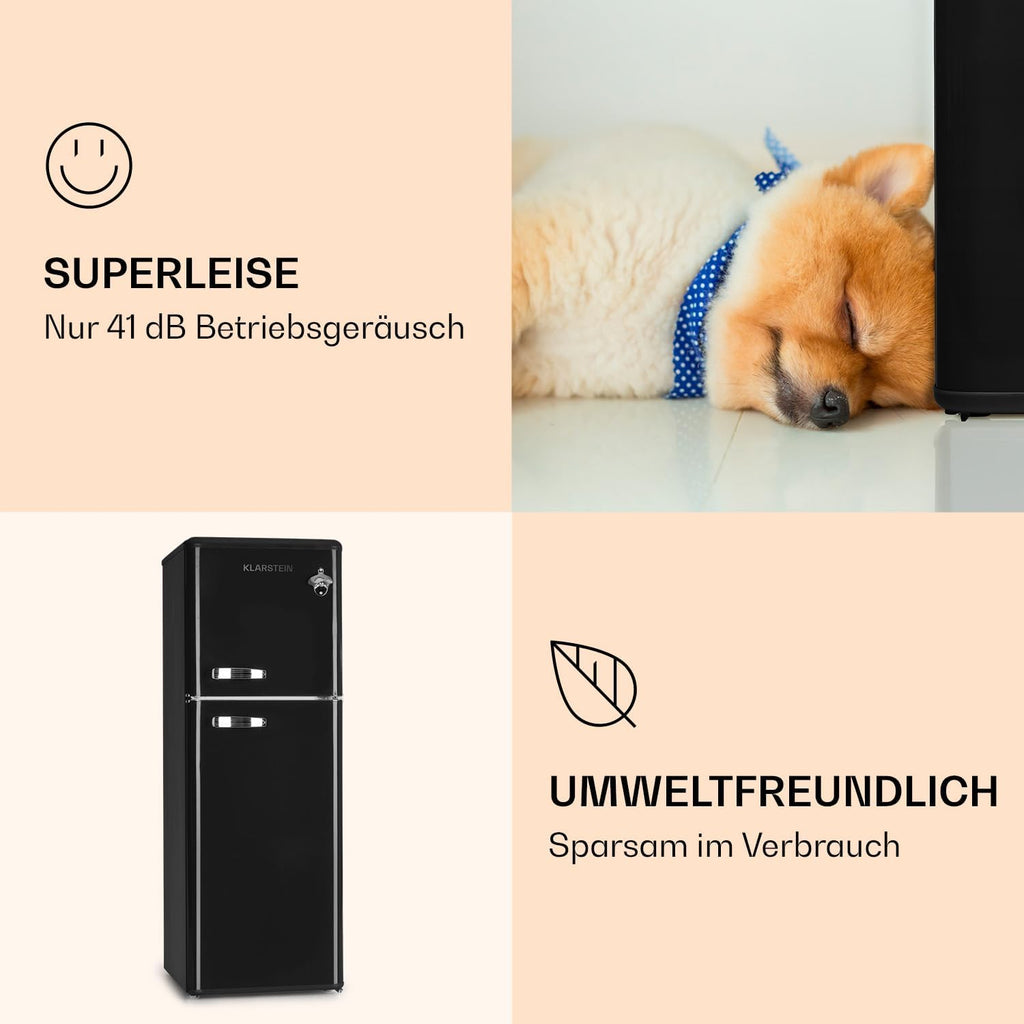 Klarstein Audrey Retro – Retro-Kühl-/Gefrierkombination, Kühl- und Gefrierschrank, Kühlschrank, stufenlos einstellbare Kühlleistung, Innenbeleuchtung, 41 dB Betriebsgeräusch, Schwarz