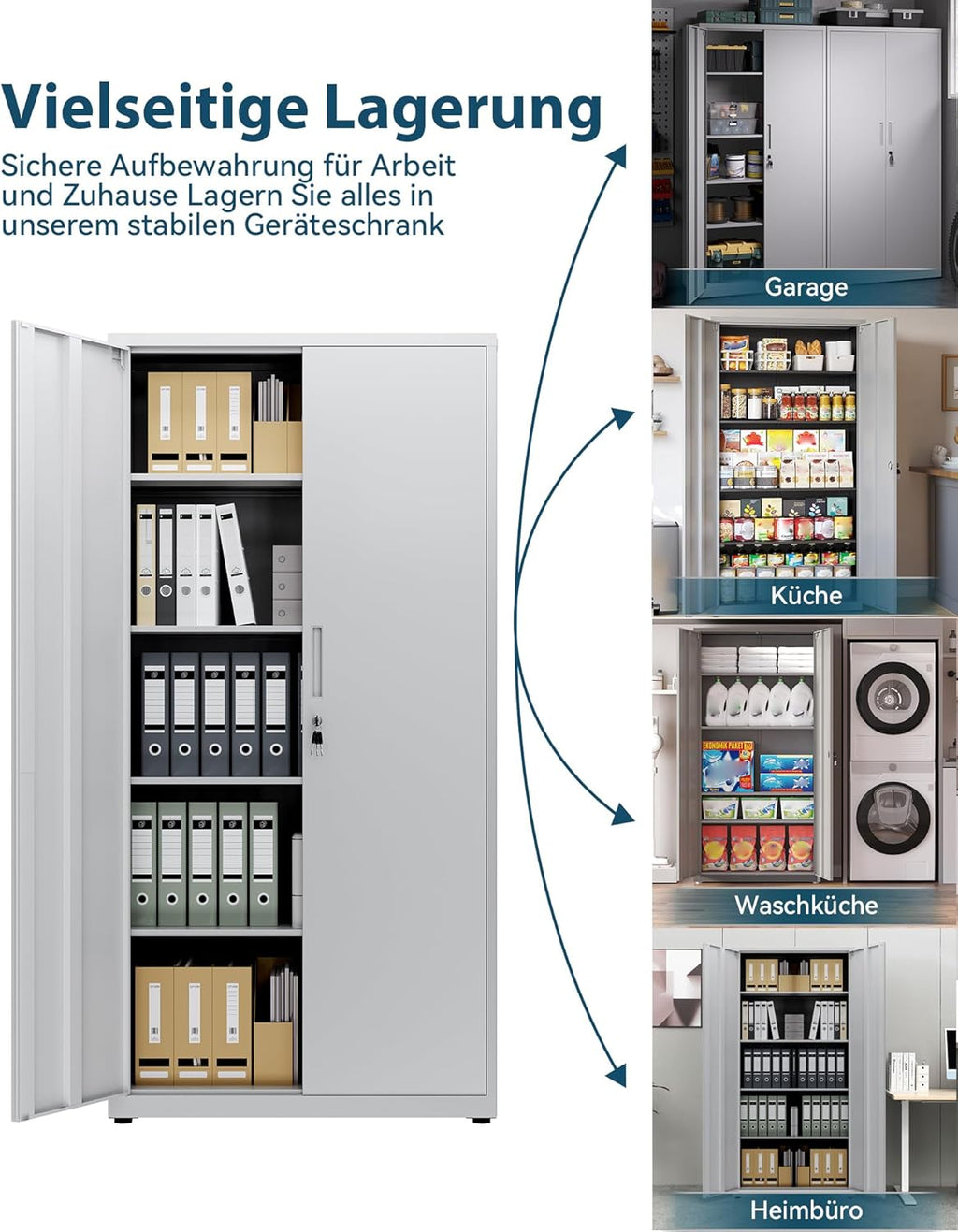 Aktenschrank, Mehrzweckschrank, Stahl-Aufbewahrungsschrank, Werkstattschrank, 180 x 80 x 40 cm, graues weiß