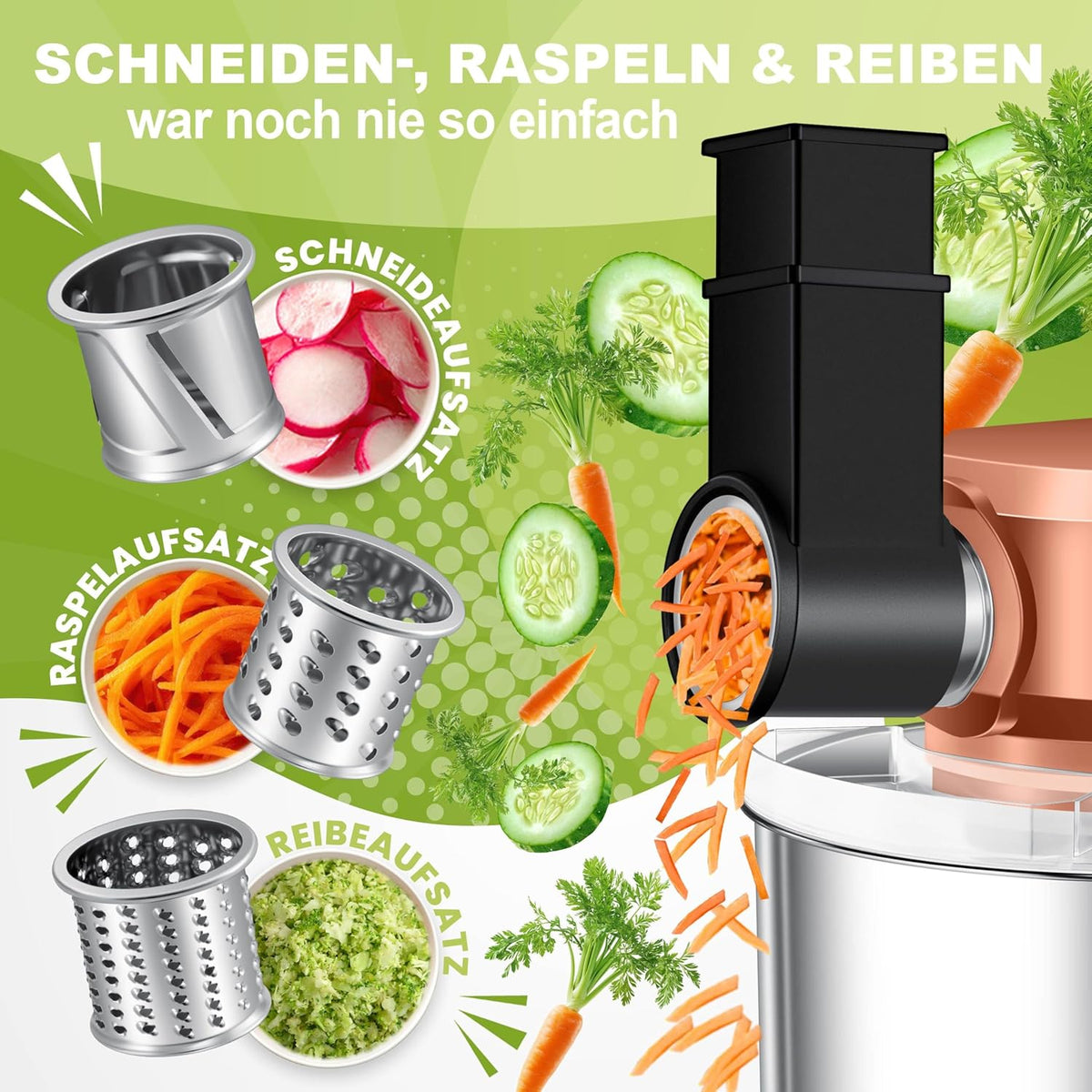 KESSER® Küchenmaschine 3in1 mit Fleischwolf & Mixer, 1500W Knetmaschine 5,5L Rührschüssel + Spritzschutz, 6 Geschwindigkeiten, Knethaken, Schneebesen, Rührhaken & Raspeln, Backen & Kochen, Kupfer