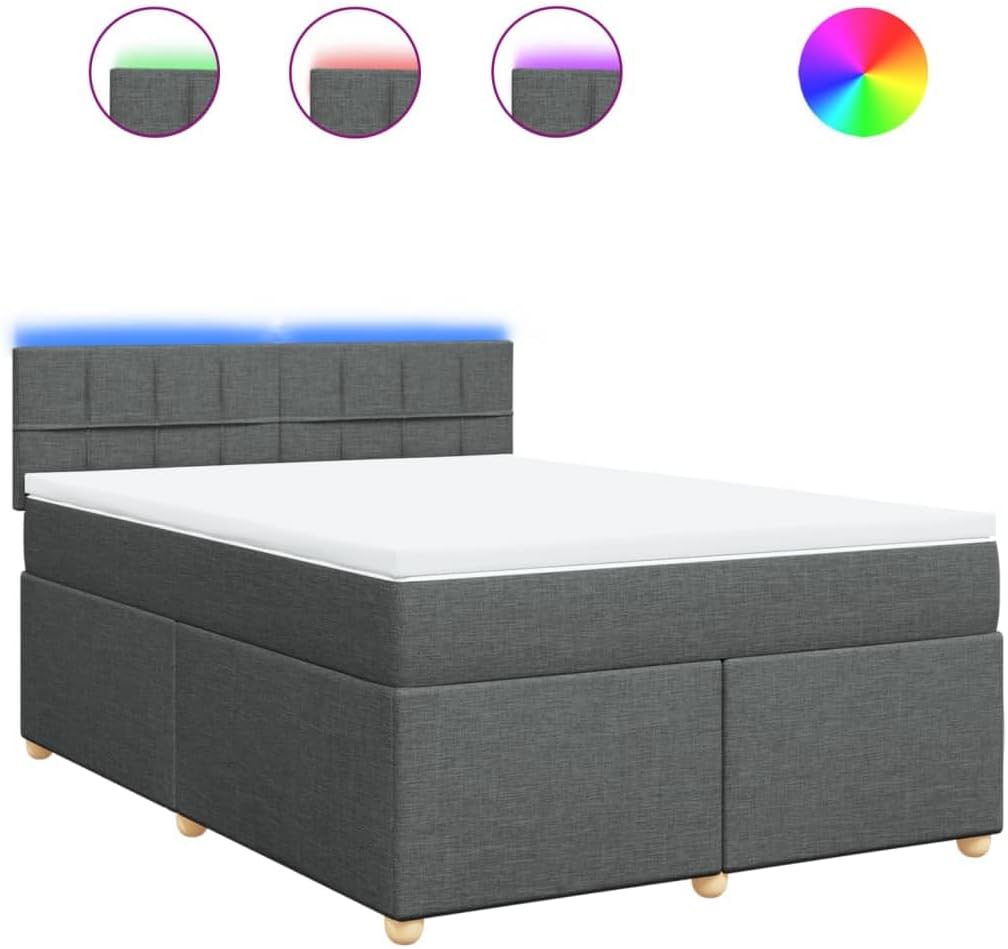 vidaXL Boxspringbett, Doppelbett mit LED Matratze Matratzenauflage, Bettgestell mit Lattenrost Kopfteil, Polsterbett Bett für Schlafzimmer, Dunkelgrau 140x200cm Stoff